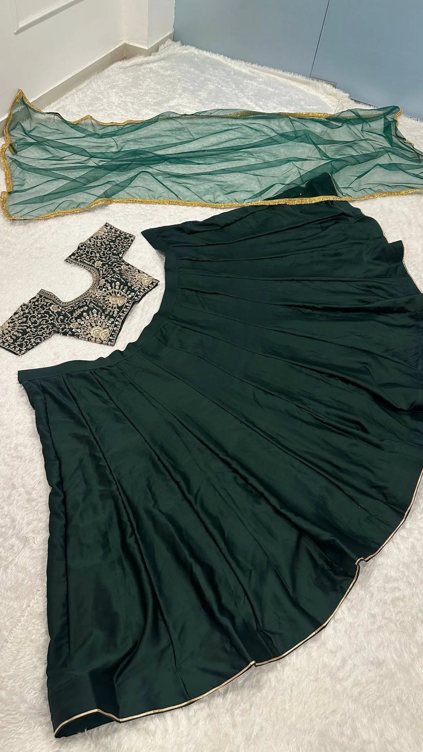 Deep Green Satin Embroidery Lehenga Choli