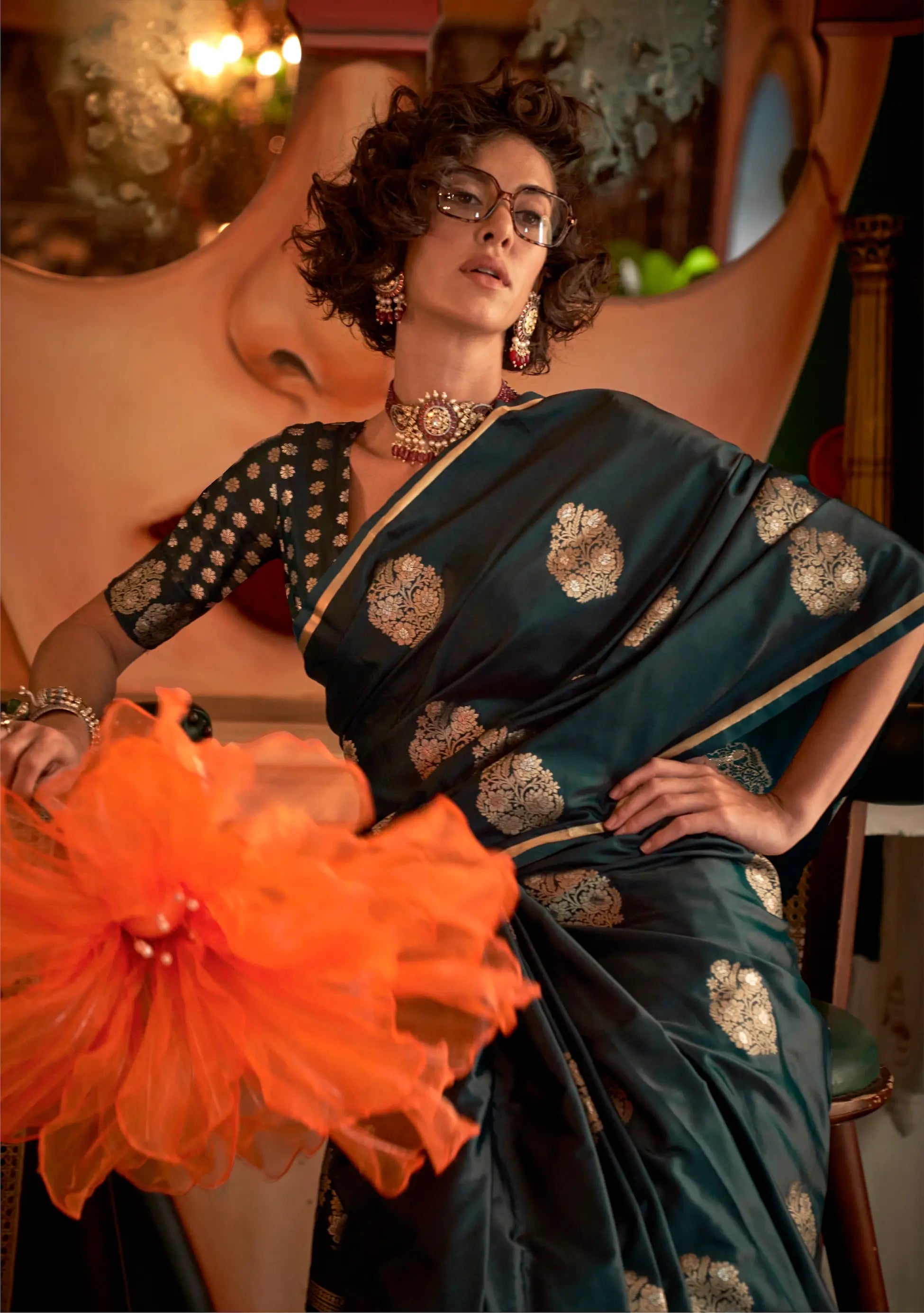 Deep Green Satin Handloom Silk Zari Weaving Work Saree