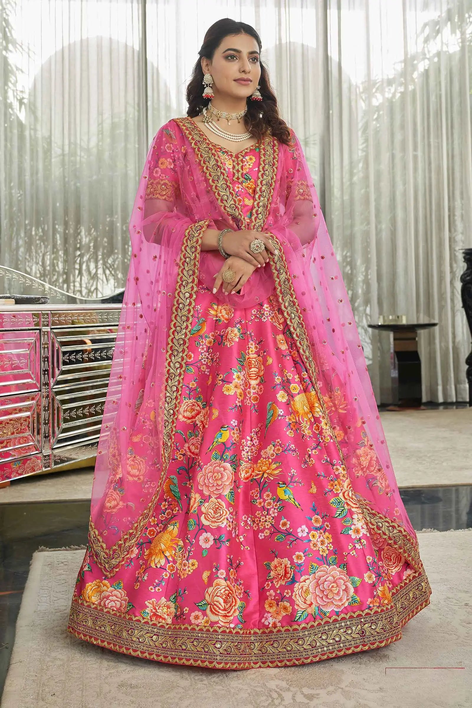 Deep Pink Art Silk Lehenga With Digital Floral Print With Dori Sequins And Stone Work