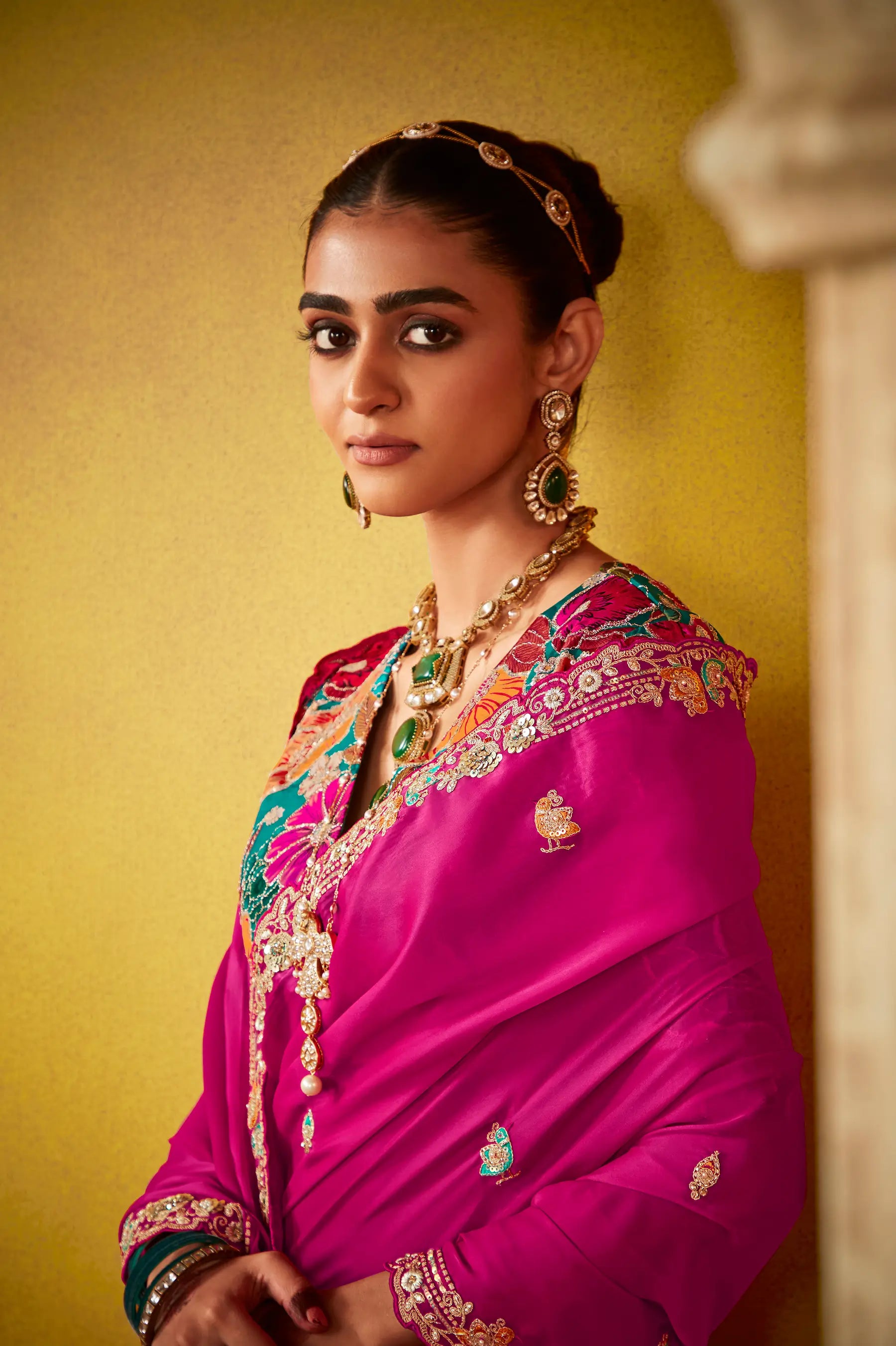 Deep Pink Glass Tissue Saree With Digital Print, Sequence & Thread Embroidery Work