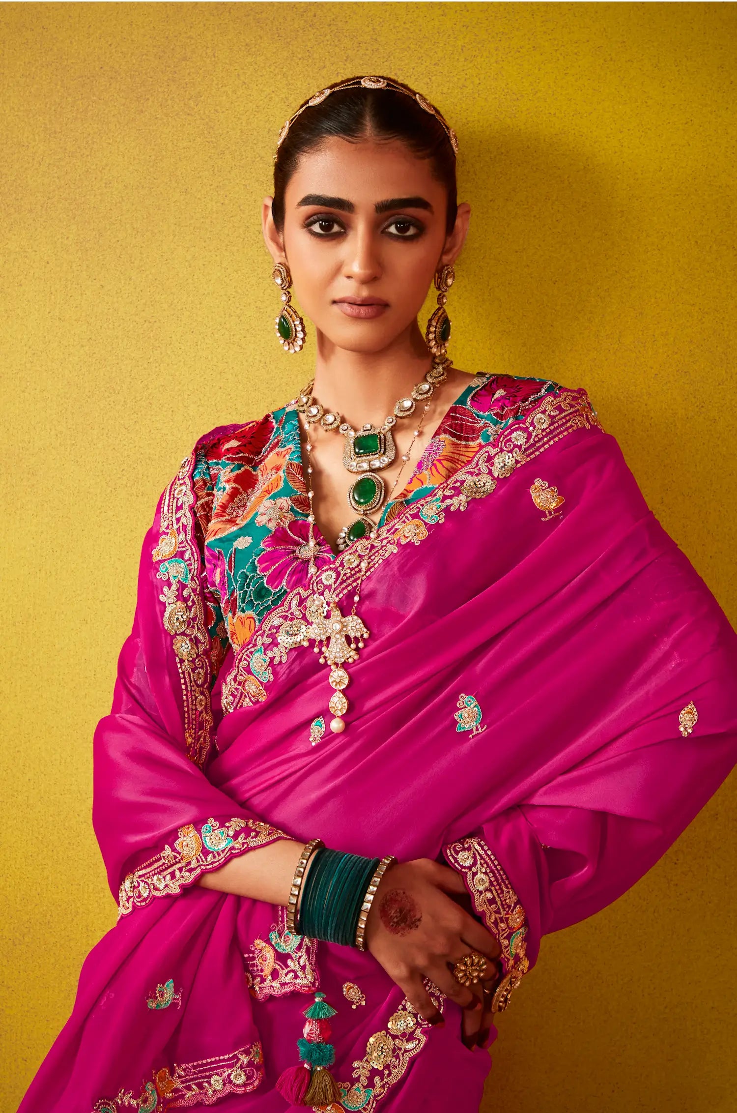 Deep Pink Glass Tissue Saree With Digital Print, Sequence & Thread Embroidery Work