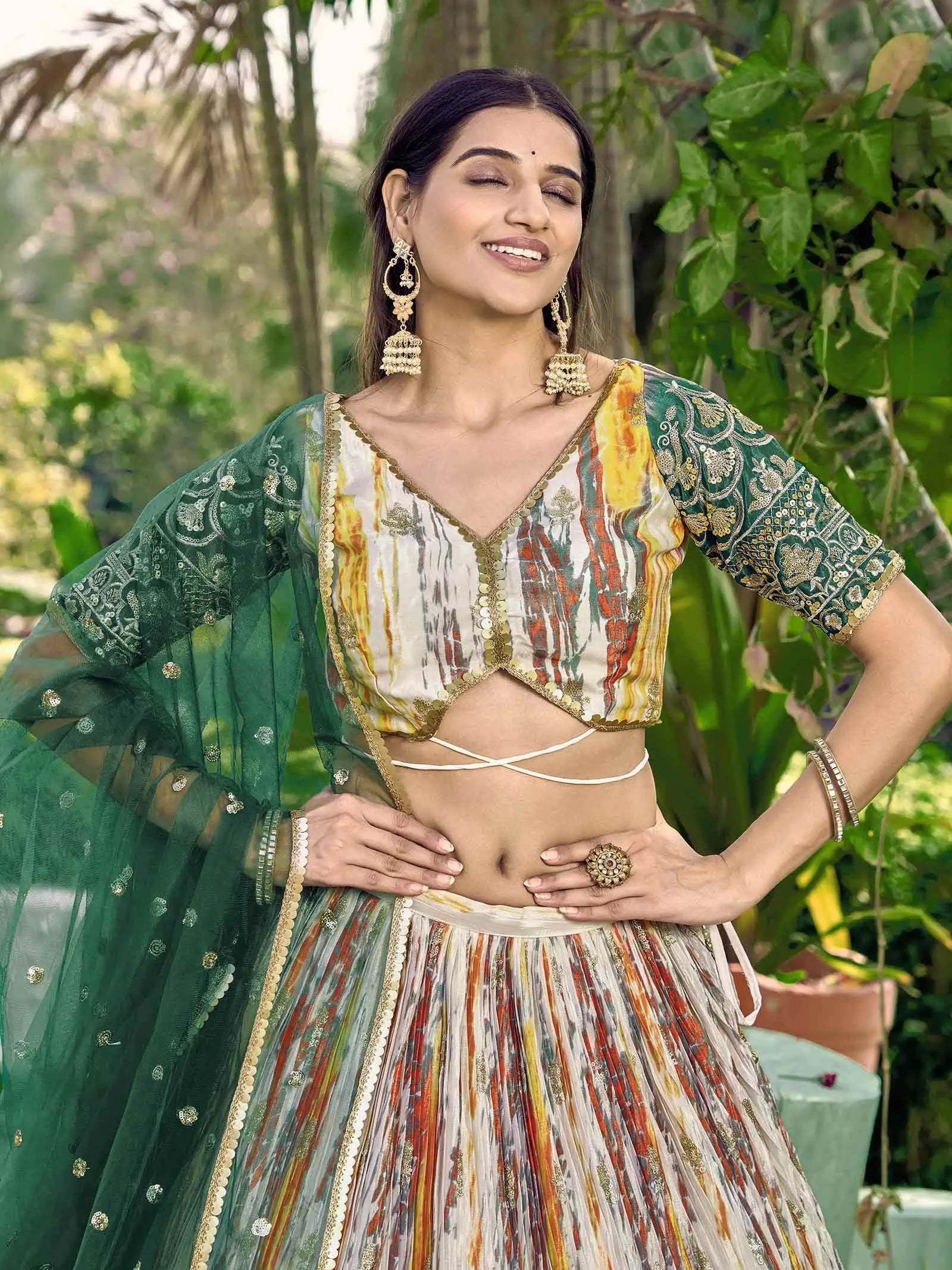 Designer Green Lehenga With Sequins Zari Embroidery Work With Digital Print