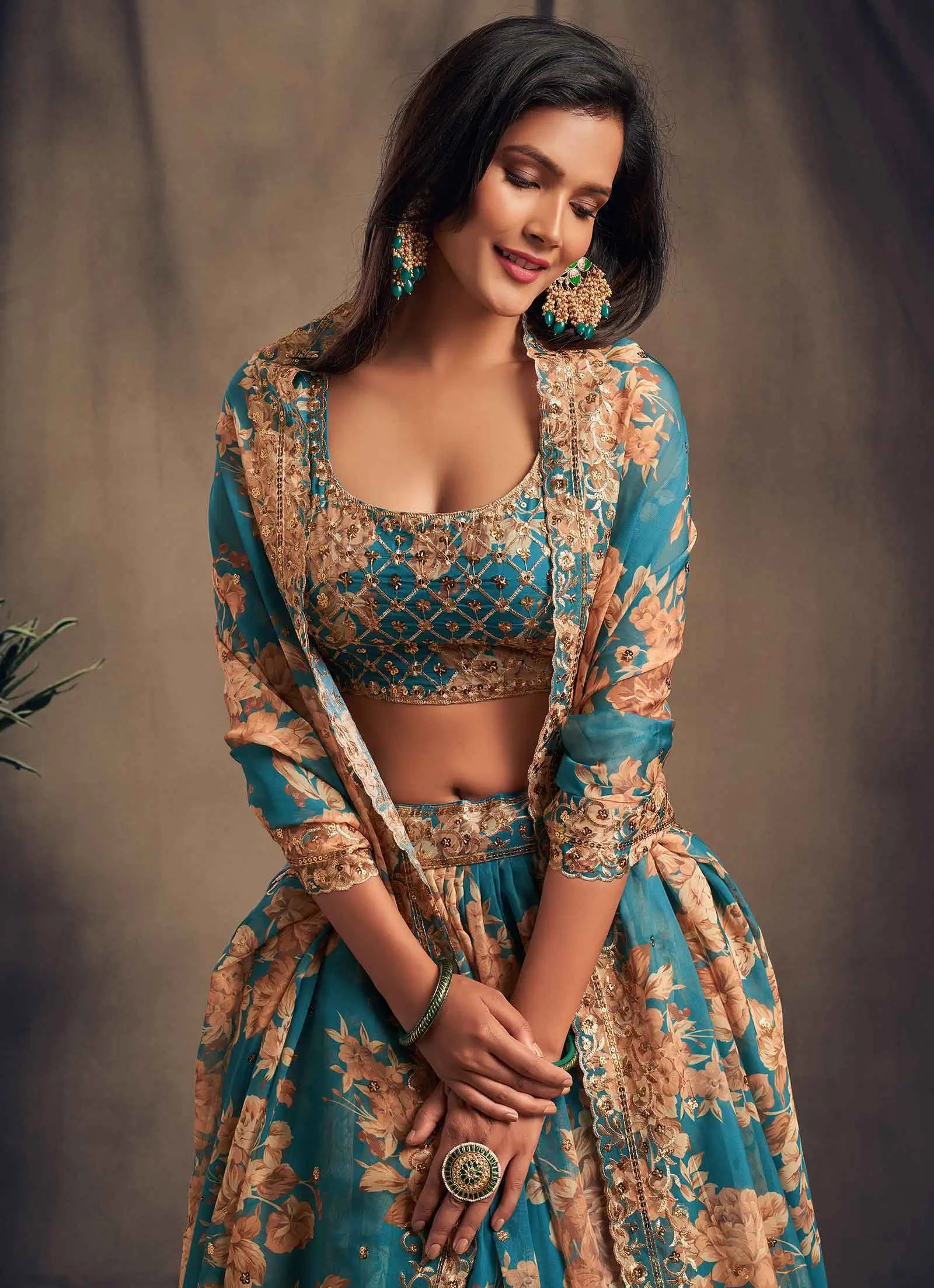 Dove Blue Floral Print Organza Lehenga With Sequins Work