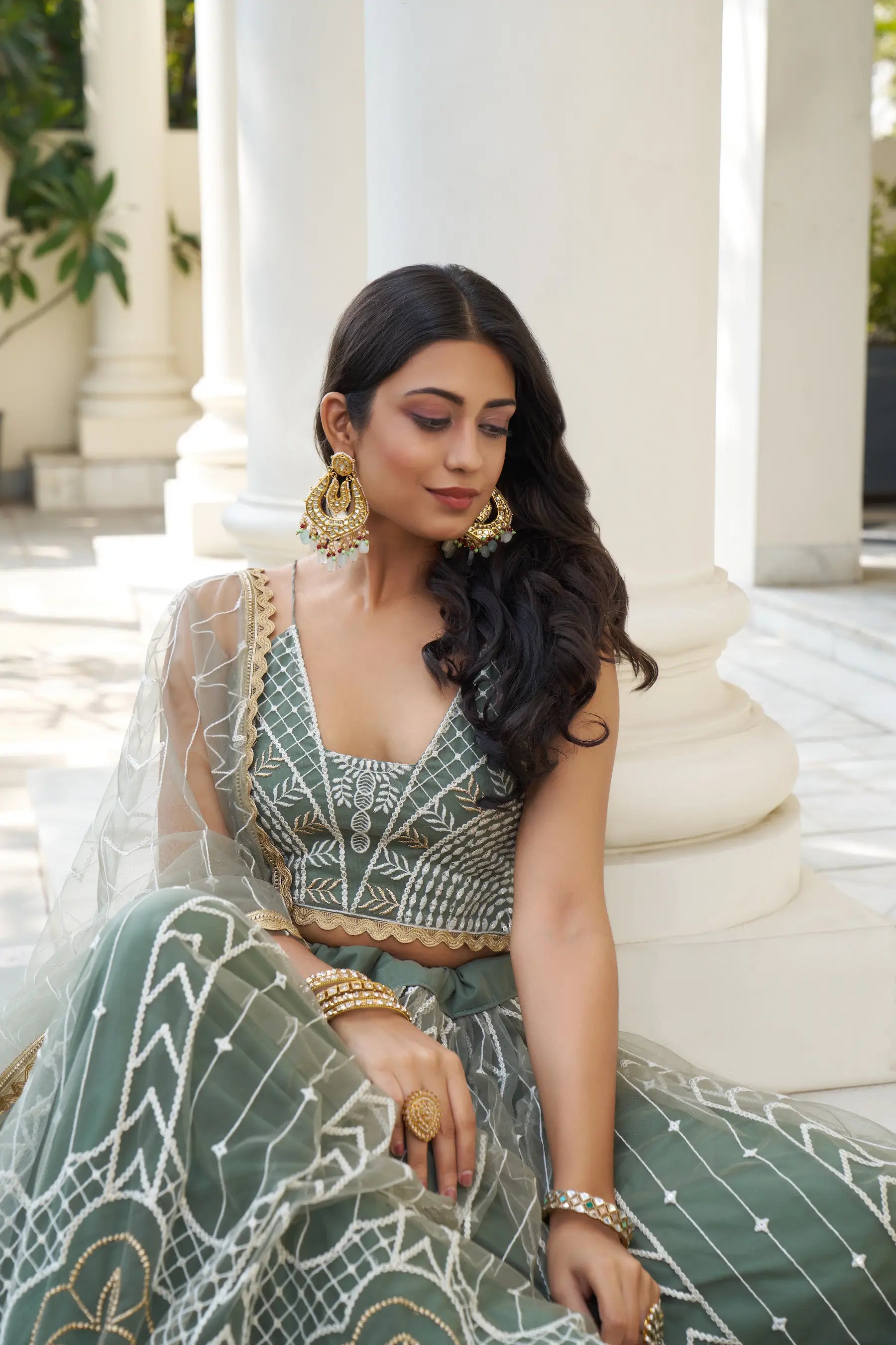 Dusty Green Net Lehenga Choli With Cotton Thread Work & Sequence Embroidery Work