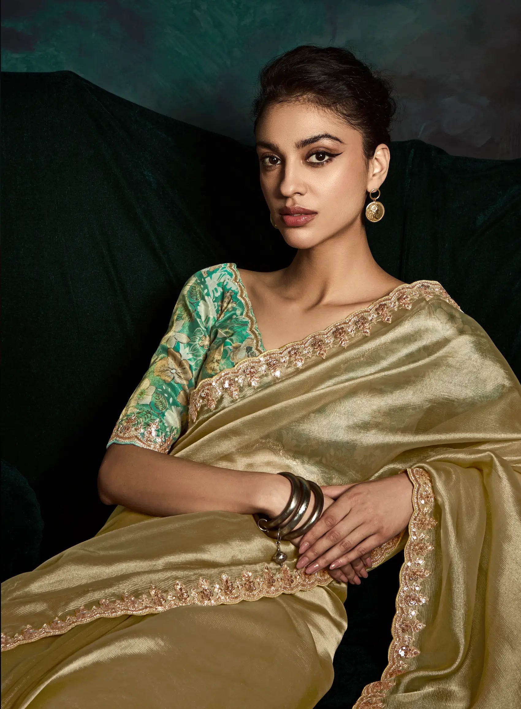 Dusty Lime Glass Organza Saree With Digital Print, Sequence & Thread Embroidery Work