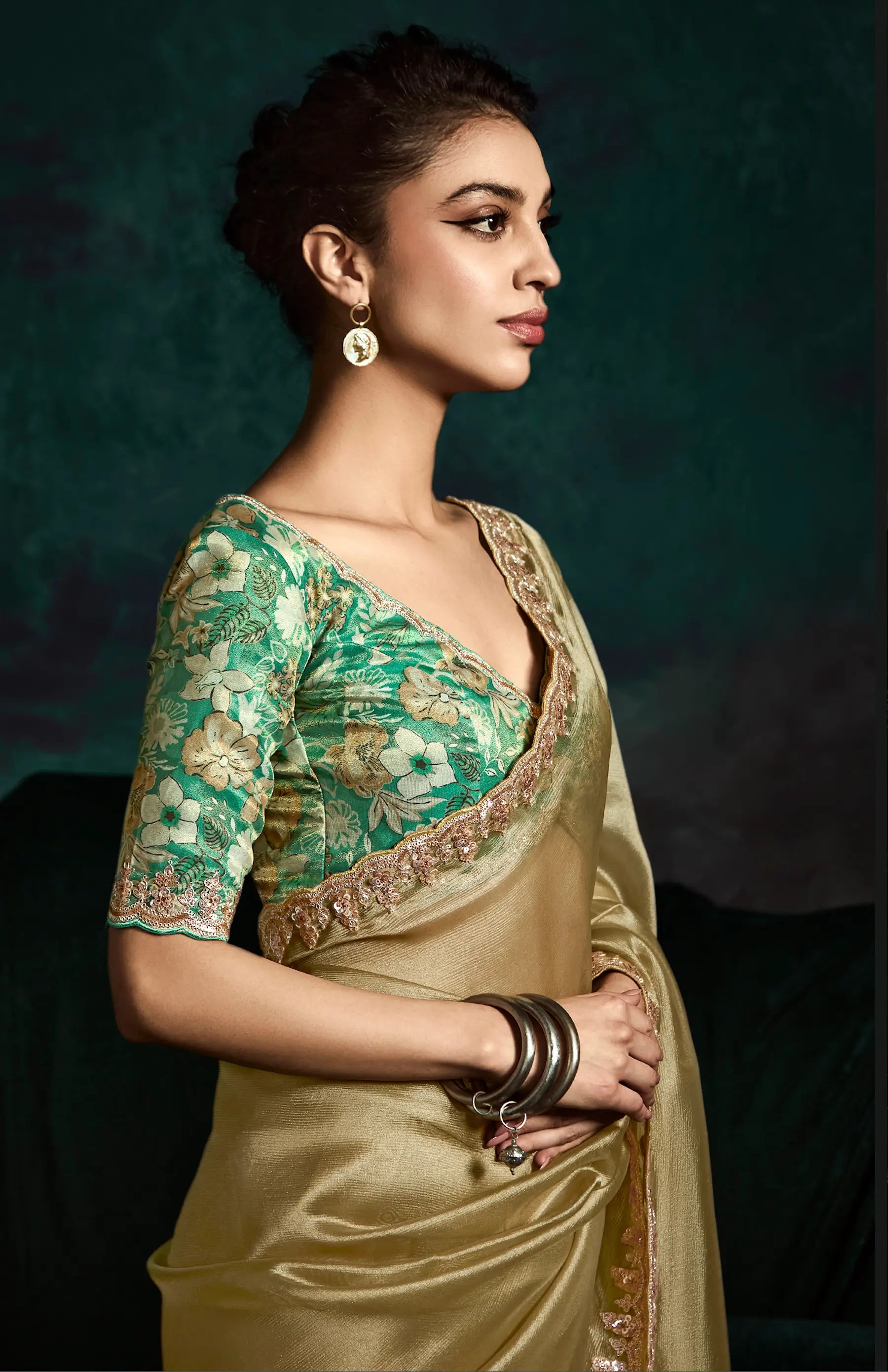 Dusty Lime Glass Organza Saree With Digital Print, Sequence & Thread Embroidery Work