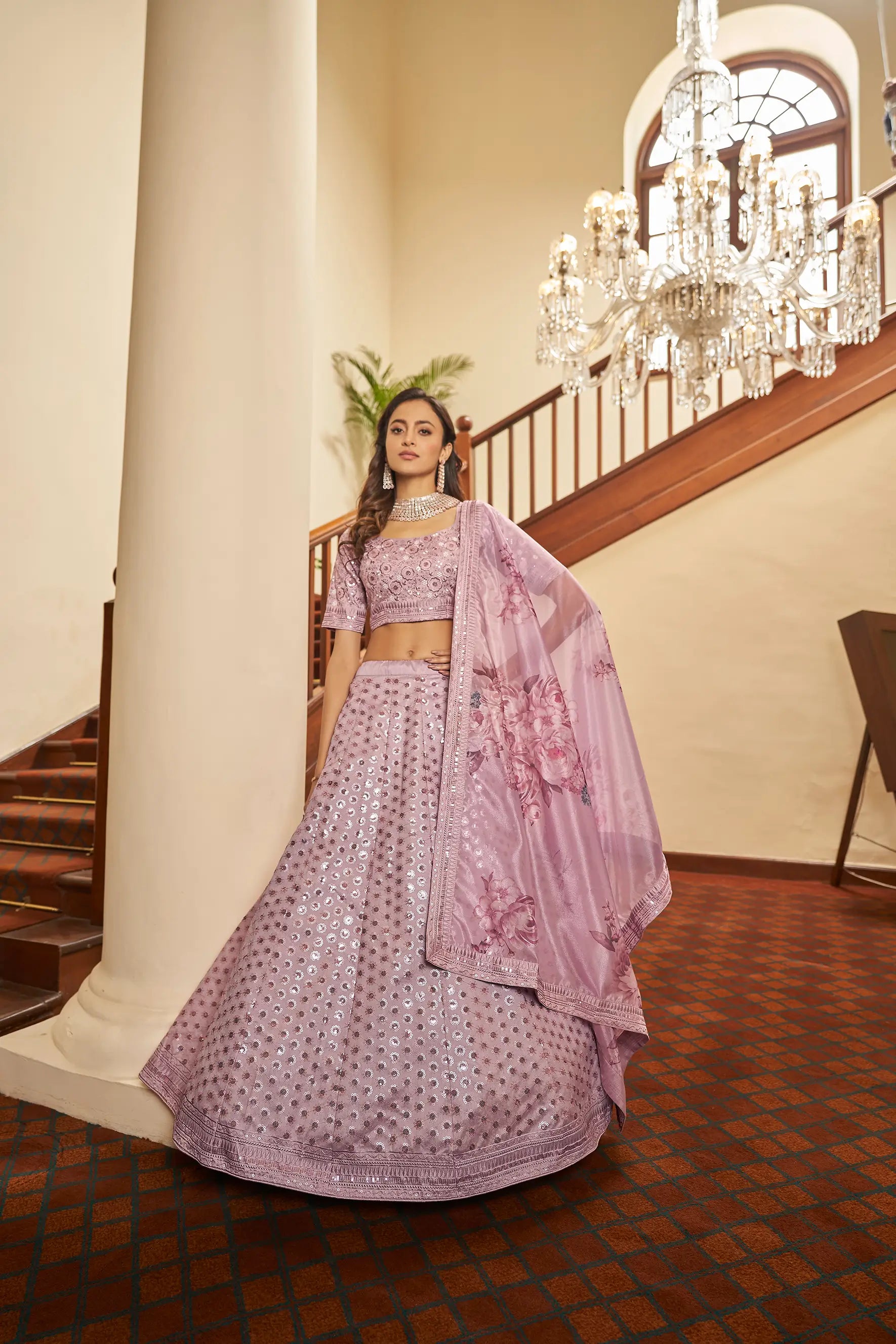 Dusty Pink Thread, Zari, Sequins Embroidered Lehenga Choli And Digital Print Dupatta