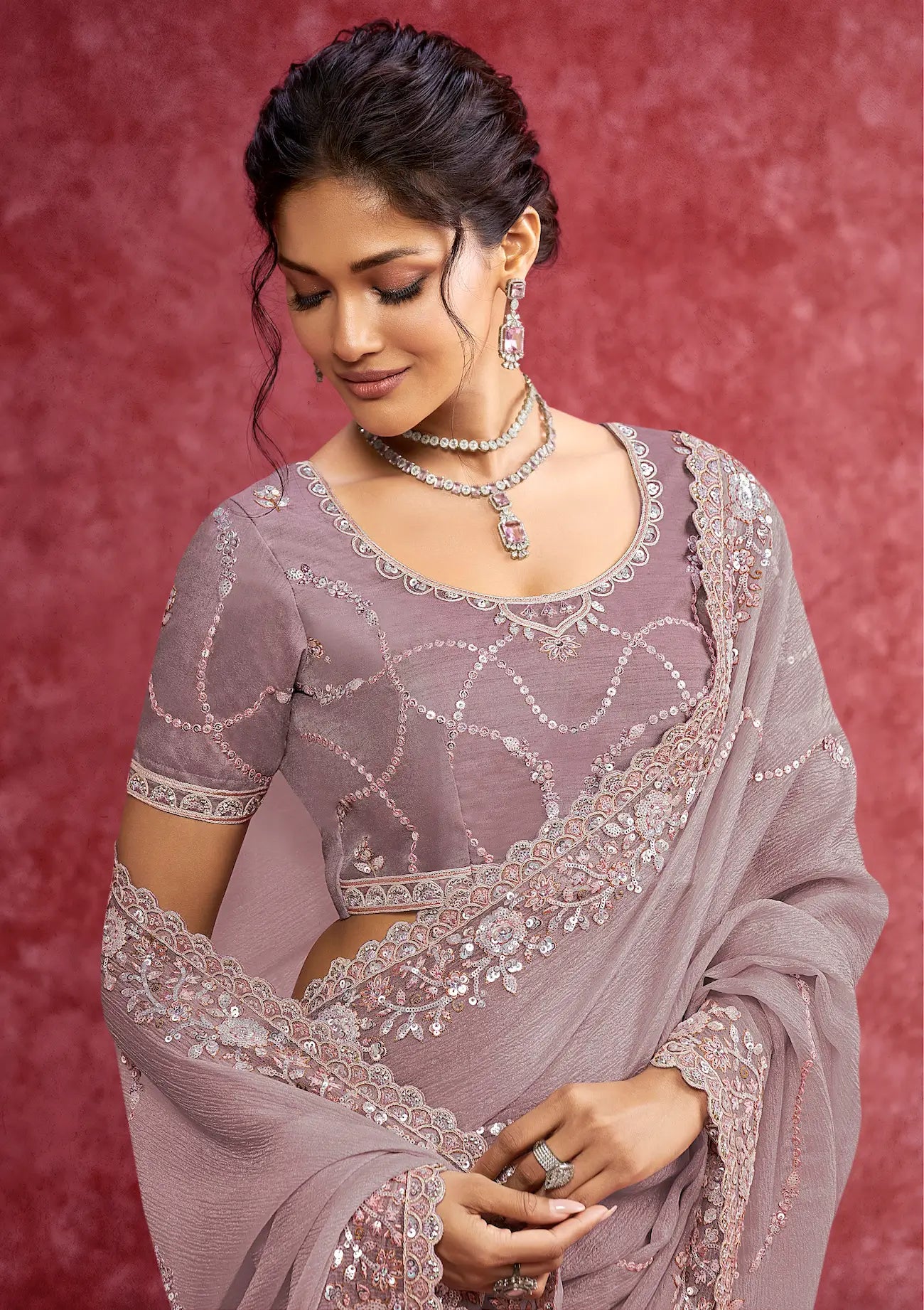 Dusty Purple Banarasi Embroidery Work Party wear Saree