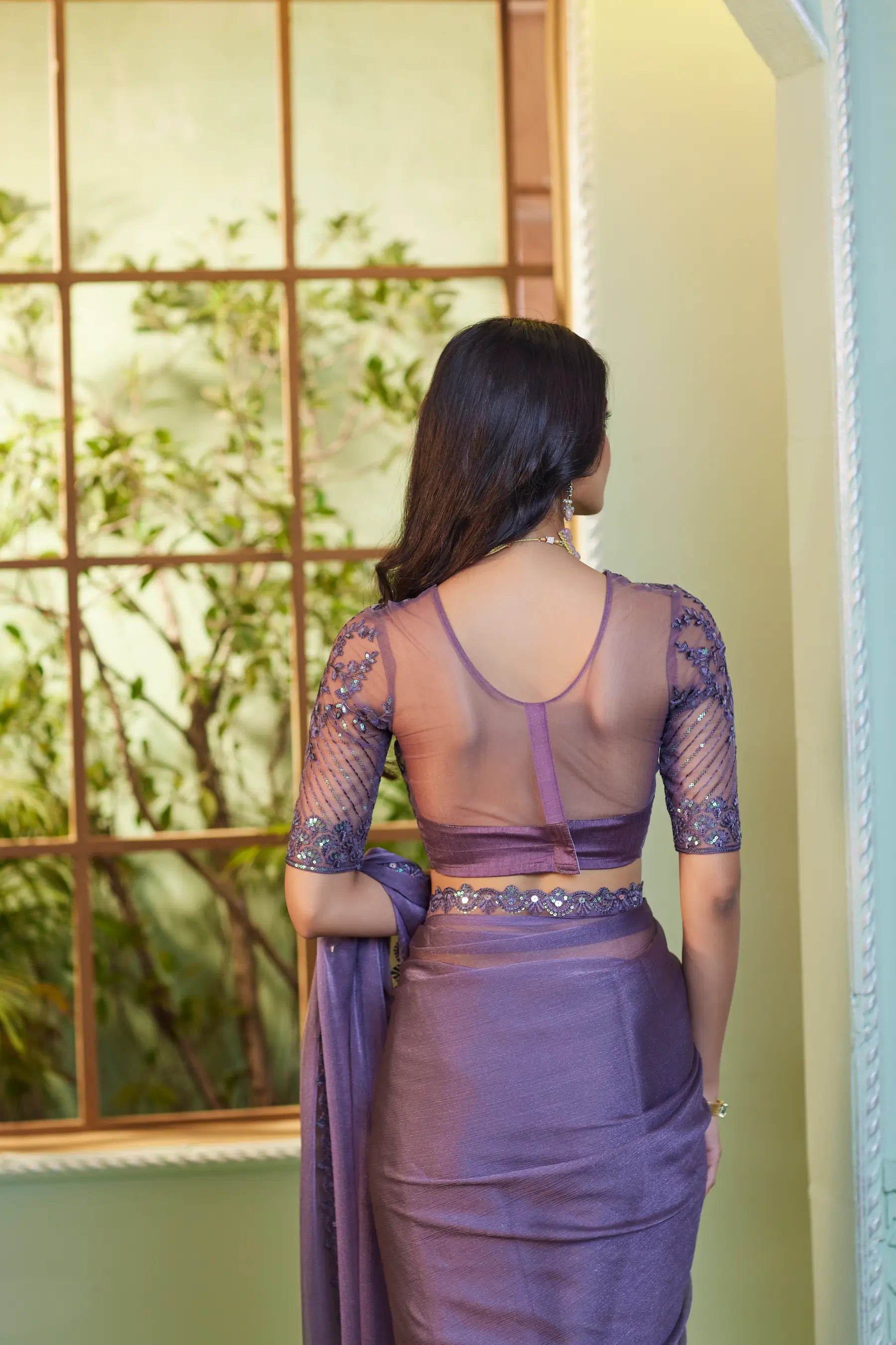 Dusty Purple Crystal Georgette Party Wear Saree With Sequence & Thread Embroidery Work