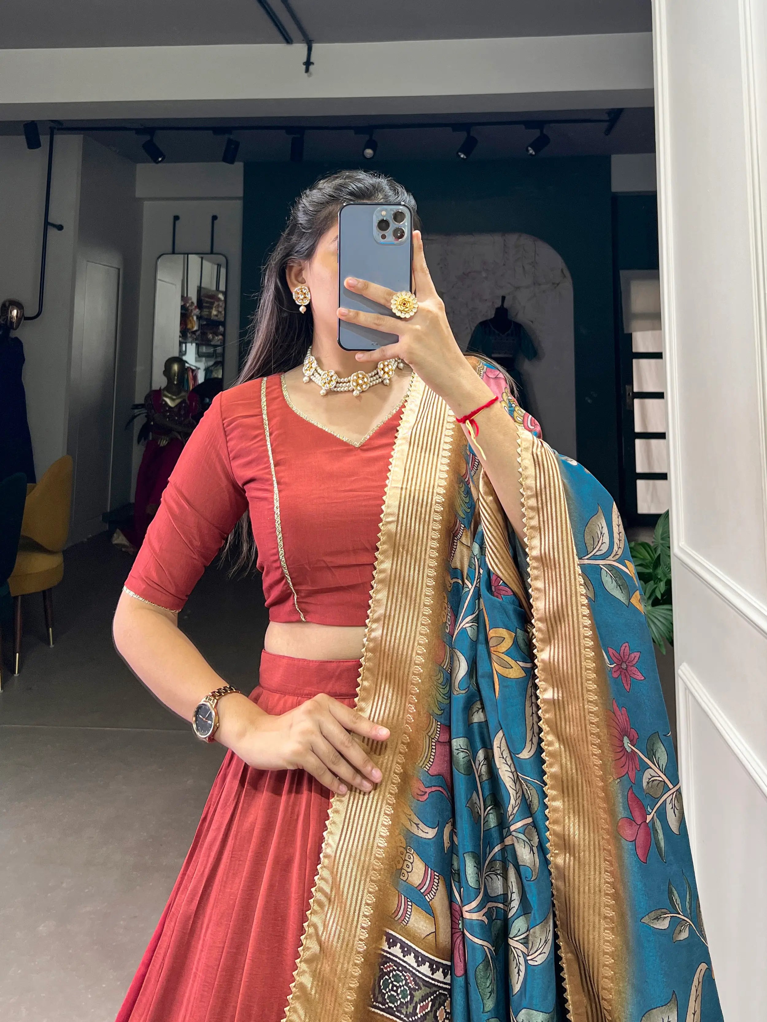 Dusty Red Chinnon Silk Lehenga Choli