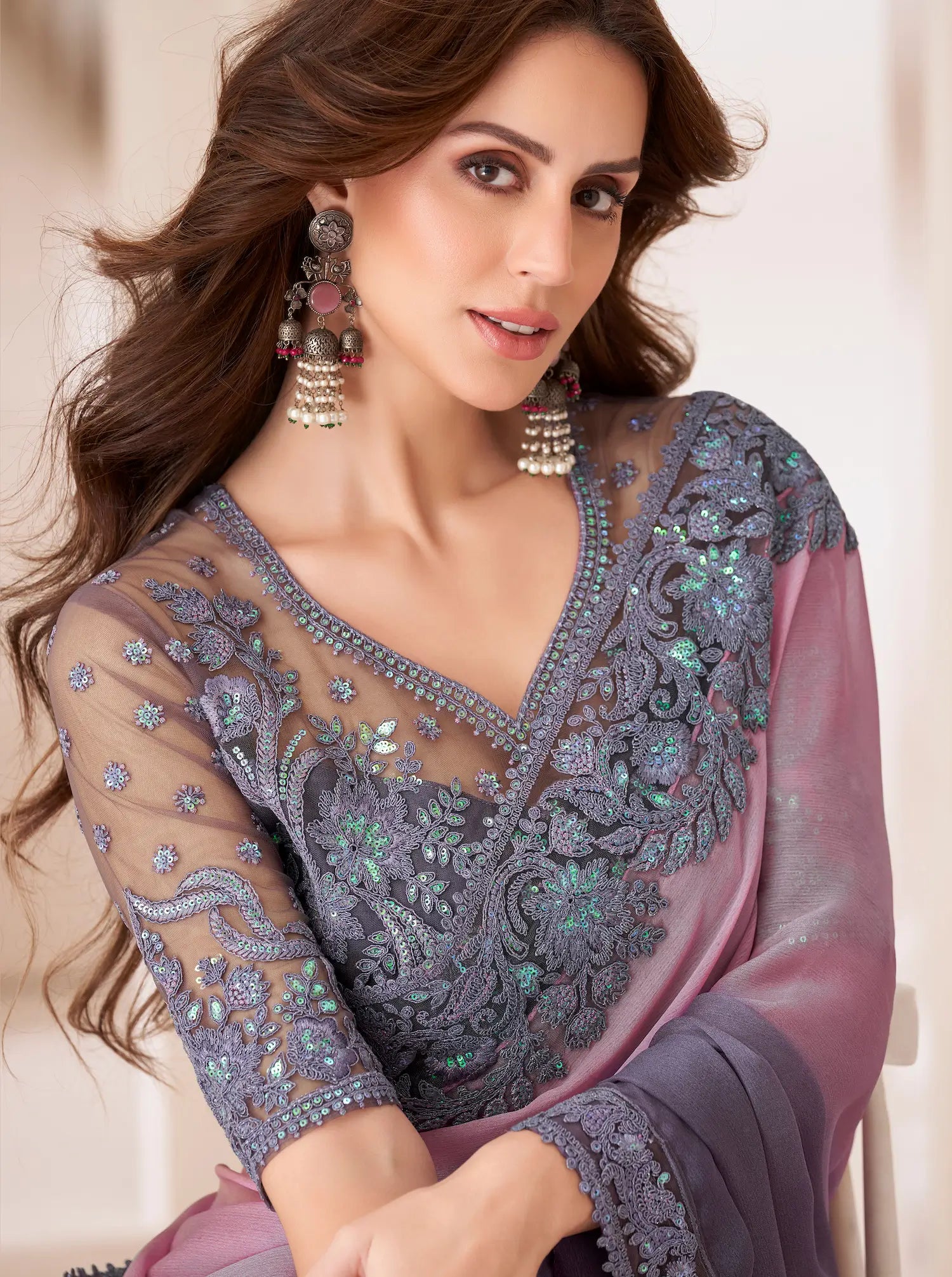 Dusty Shaded Chiffon Party Wear Saree With Sequence & Thread Embroidery Work