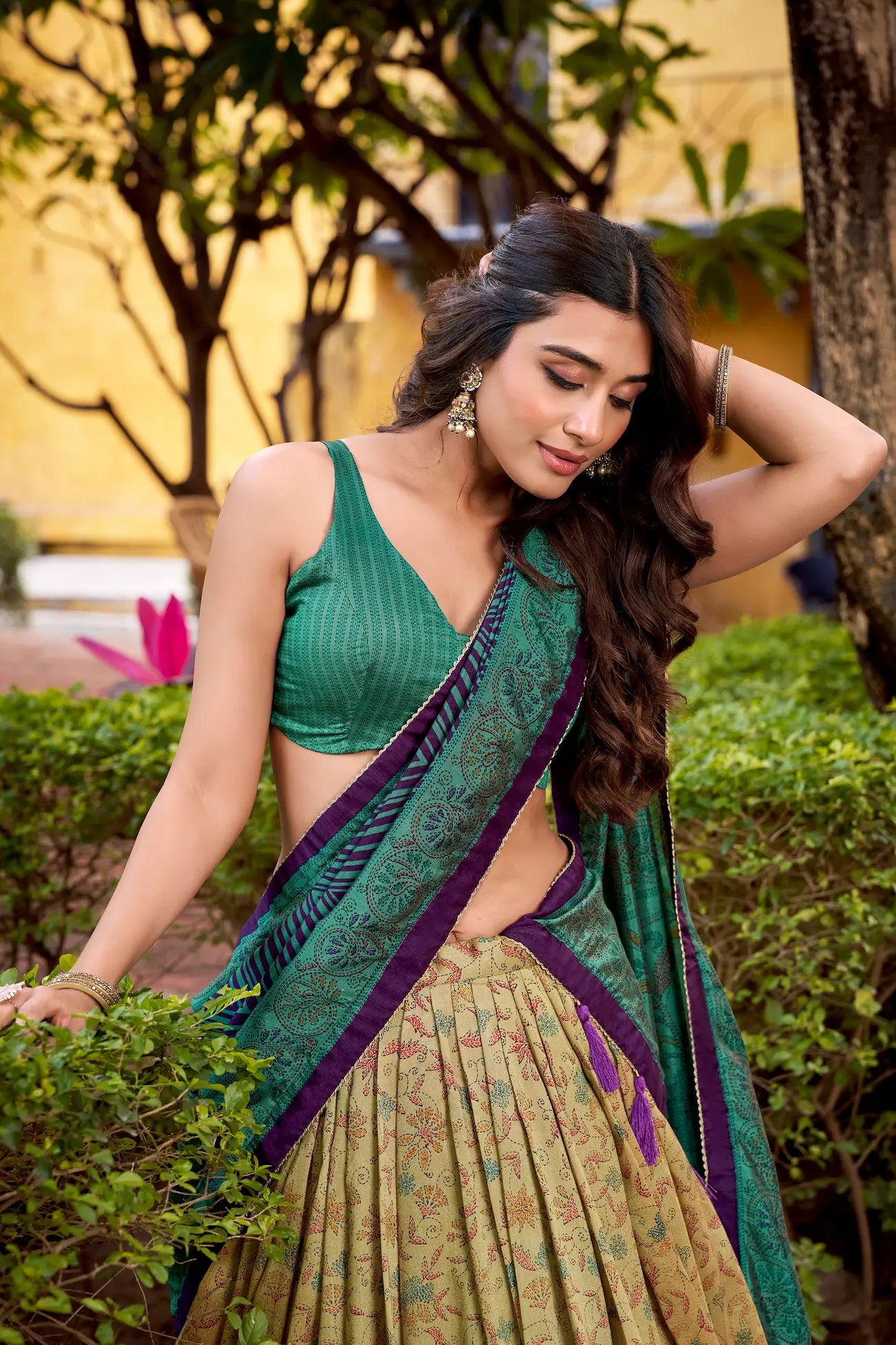 Firozi-Beige Vichitra Silk Printed Lehenga Choli