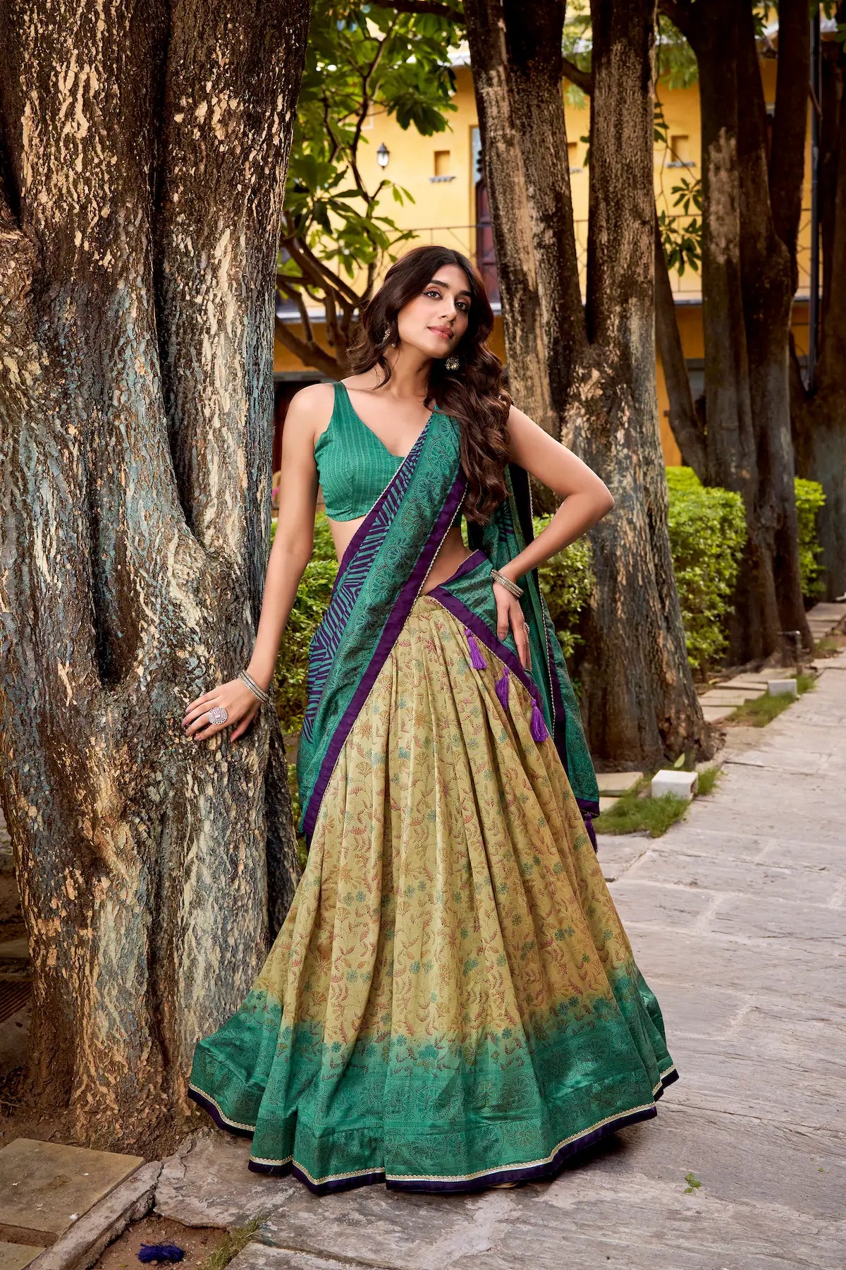 Firozi-Beige Vichitra Silk Printed Lehenga Choli