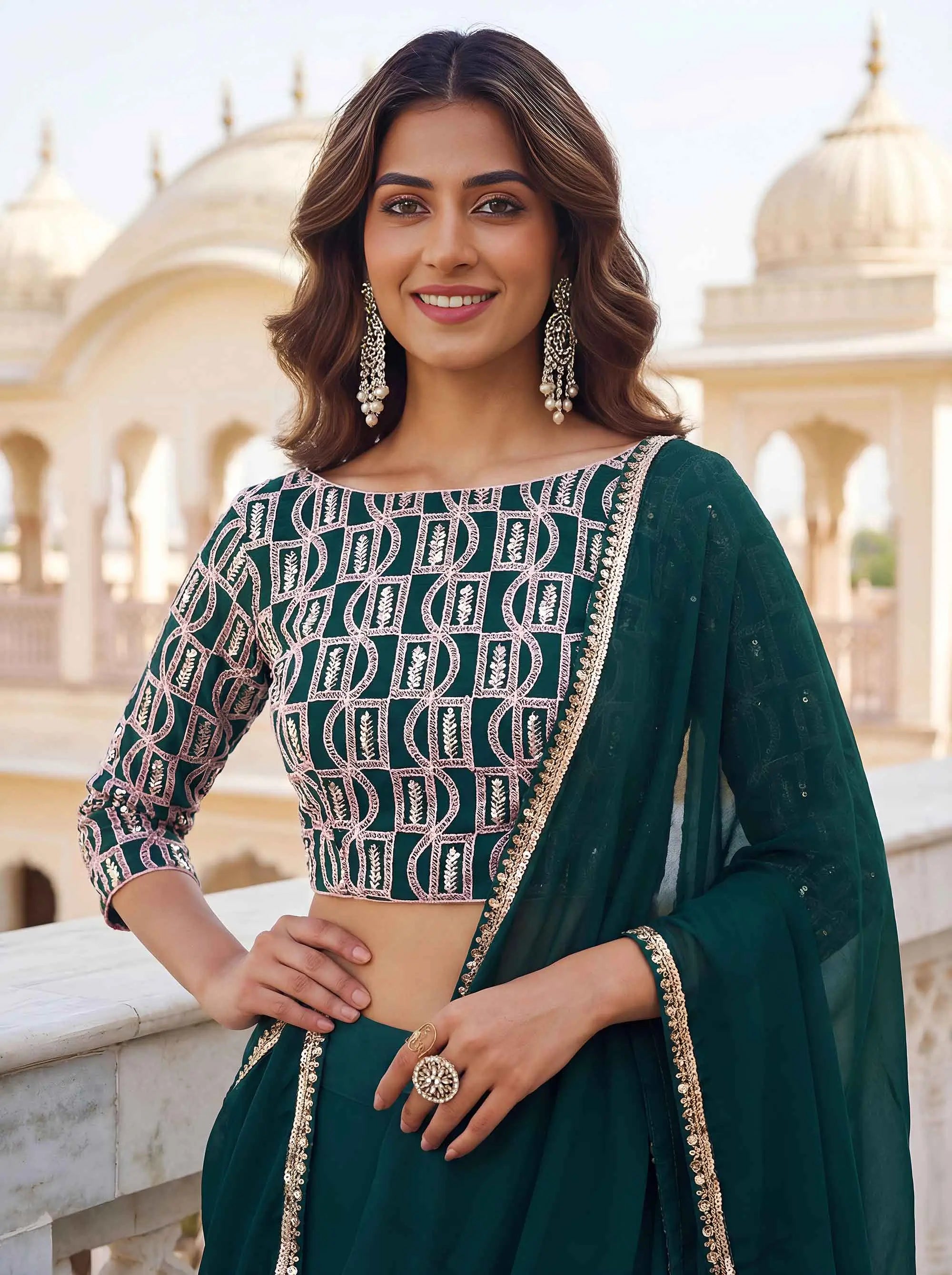 Green Georgette Lehenga with Embroidery
