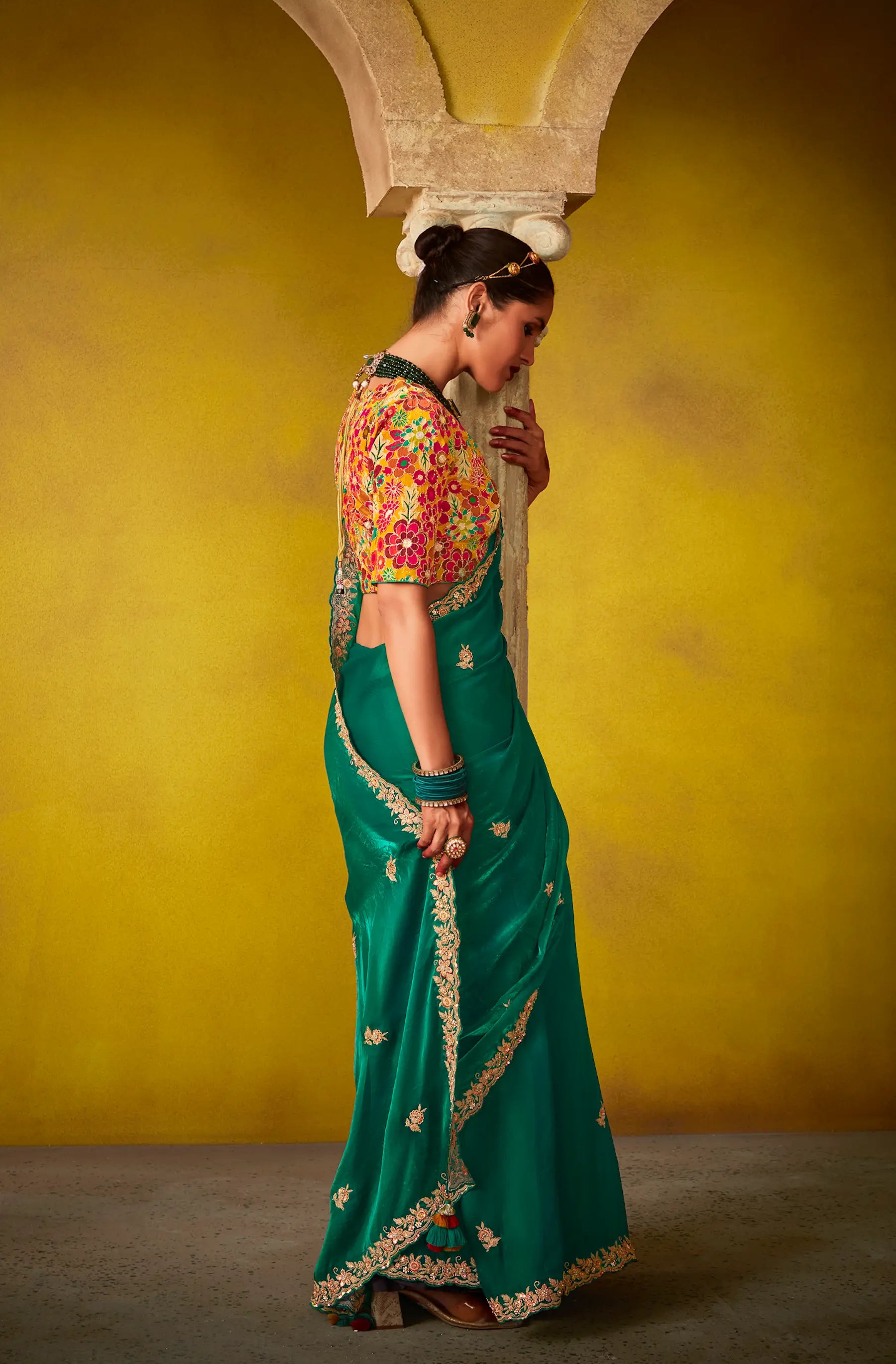Green Glass Tissue Saree With Digital Print, Sequence & Thread Embroidery Work