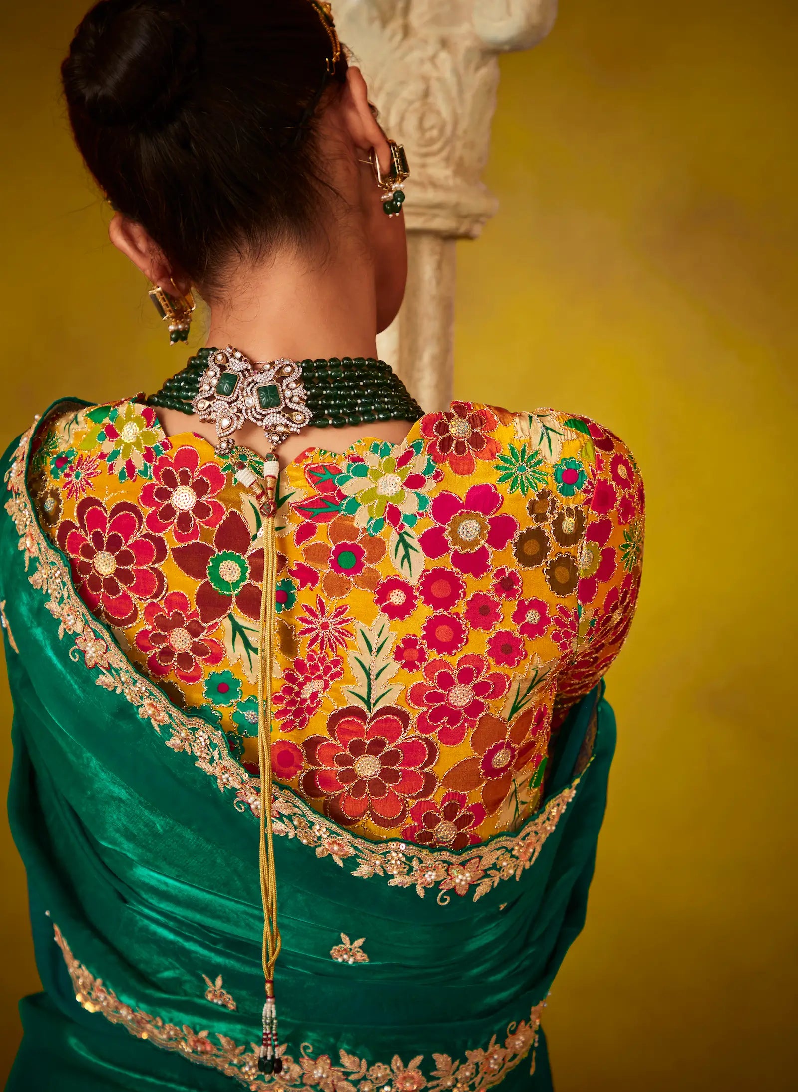 Green Glass Tissue Saree With Digital Print, Sequence & Thread Embroidery Work