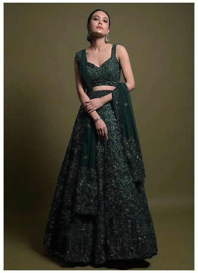 Green Net Thread, Sequence & Dori Work Lehenga Choli
