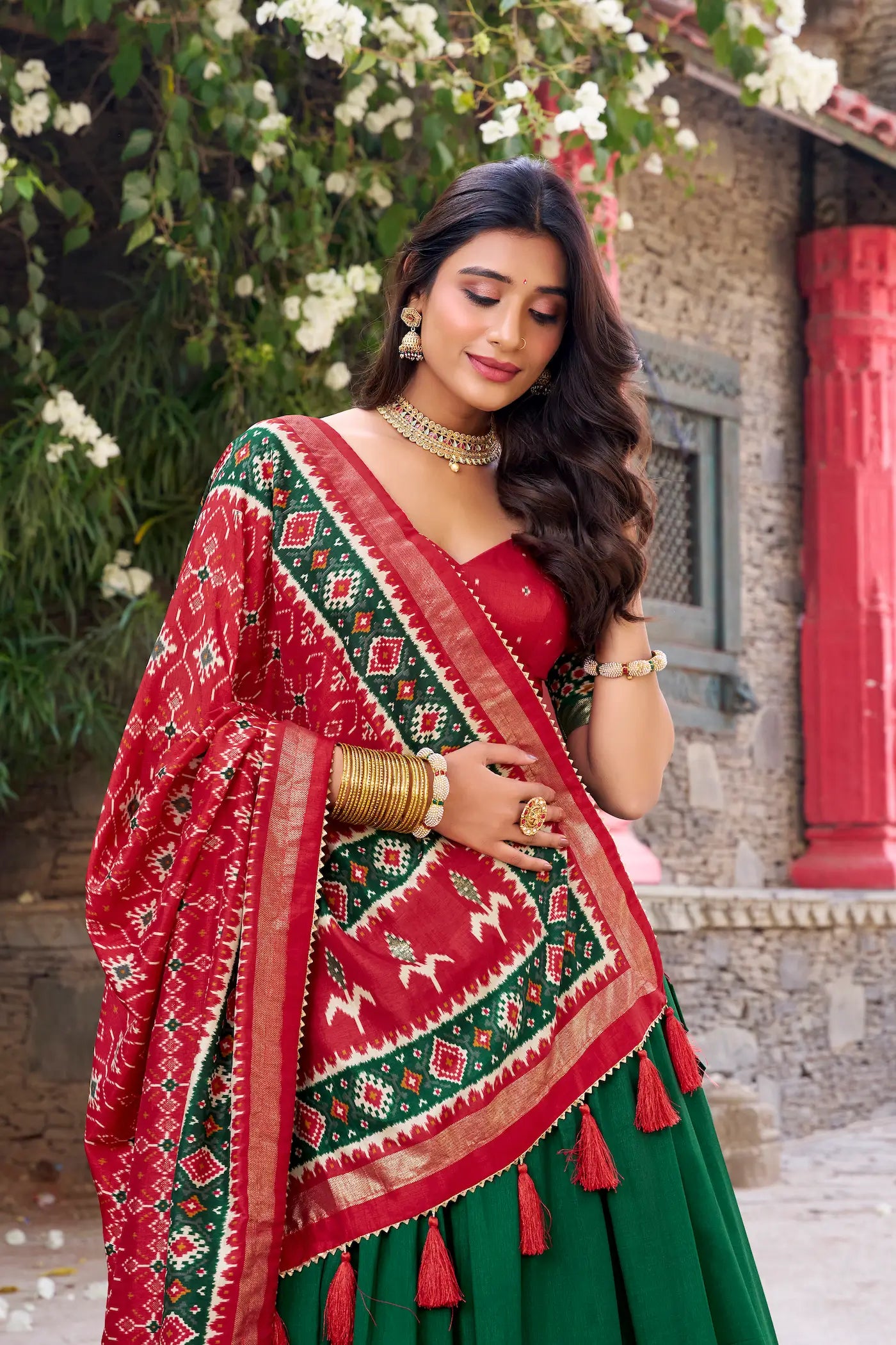 Green Tussar Silk Patola Print And Foil Work Lehenga Choli