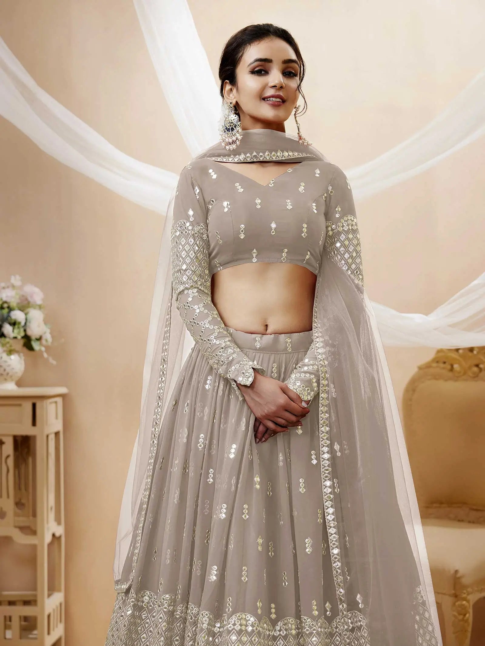 Grey Georgette Lehenga choli With Sequence And Zari Embroidery Work With Soft Net dupatta