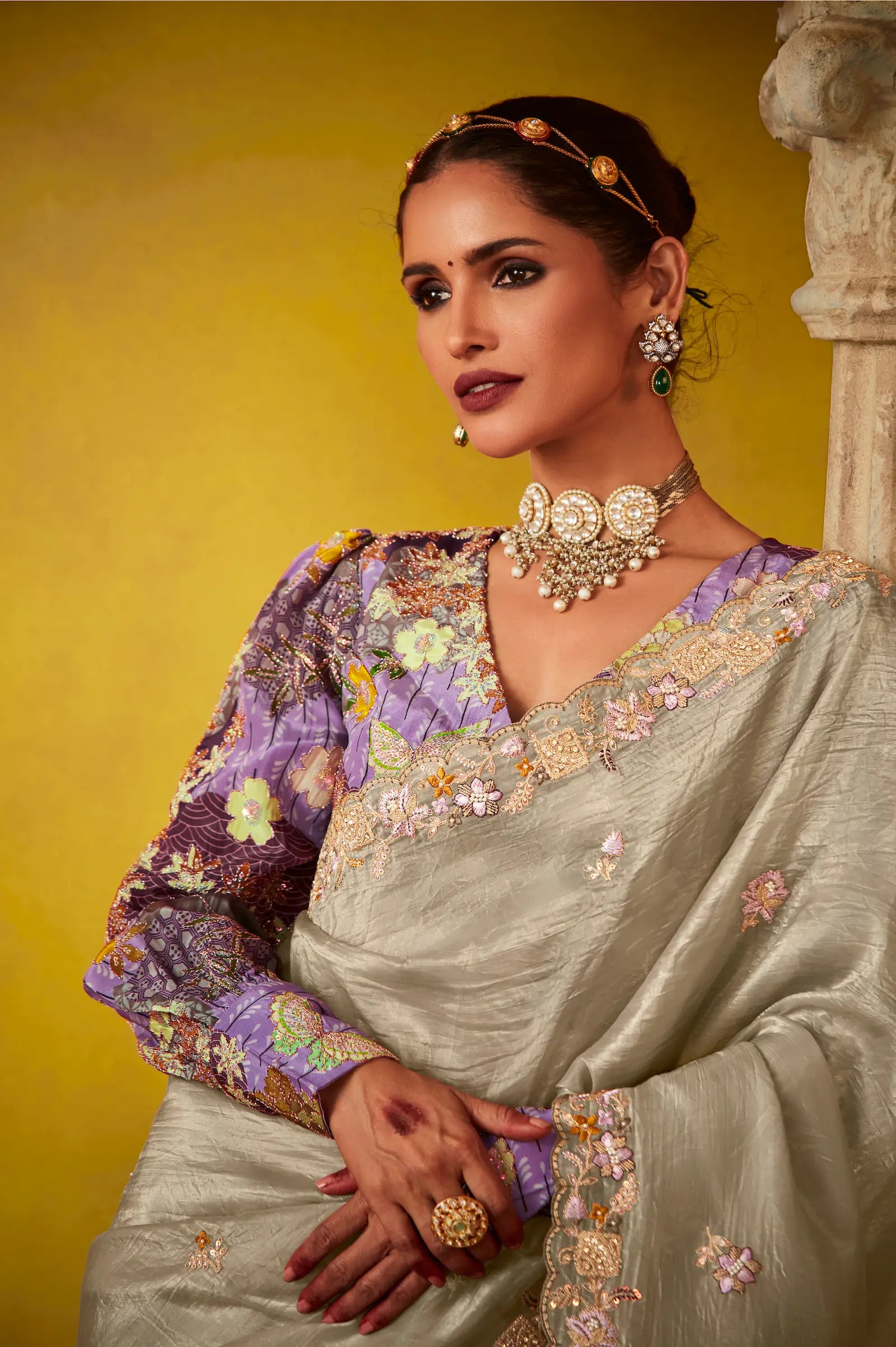 Grey Glass Tissue Saree With Digital Print, Sequence & Thread Embroidery Work