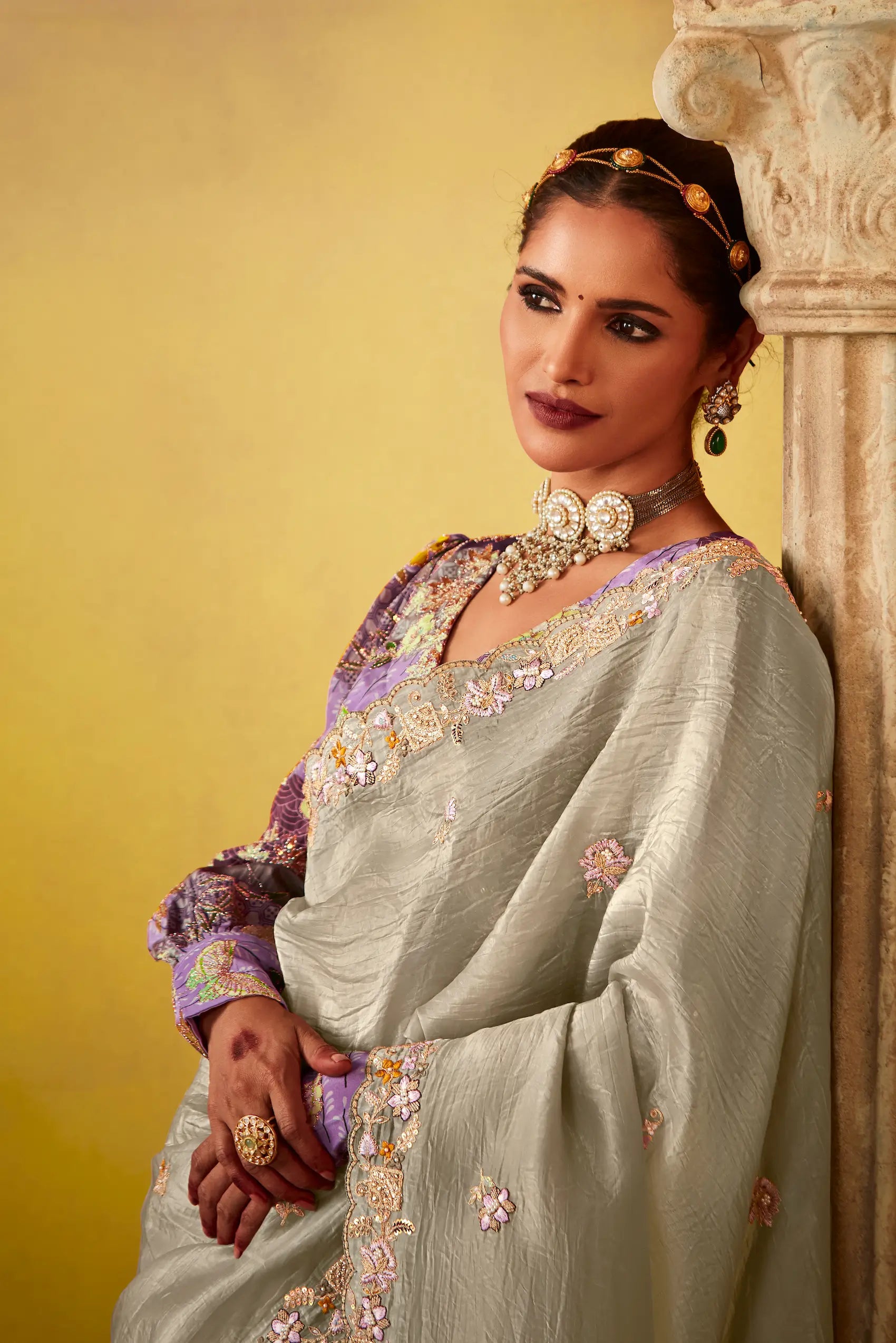 Grey Glass Tissue Saree With Digital Print, Sequence & Thread Embroidery Work