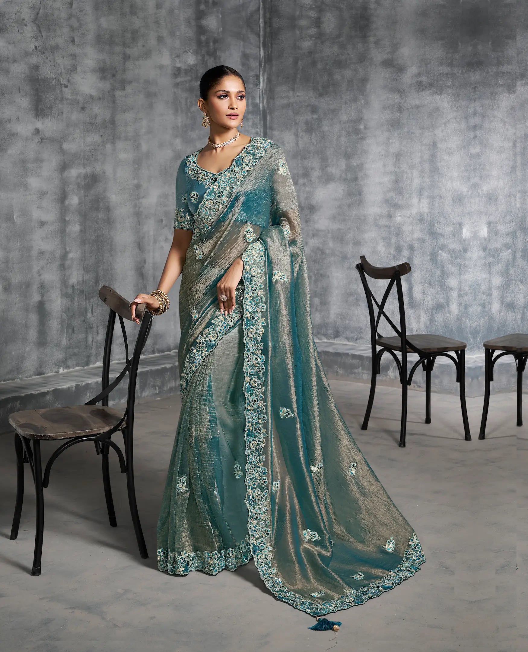 Greyish Teal Zari Tissue Hand Work & Embroidery Saree