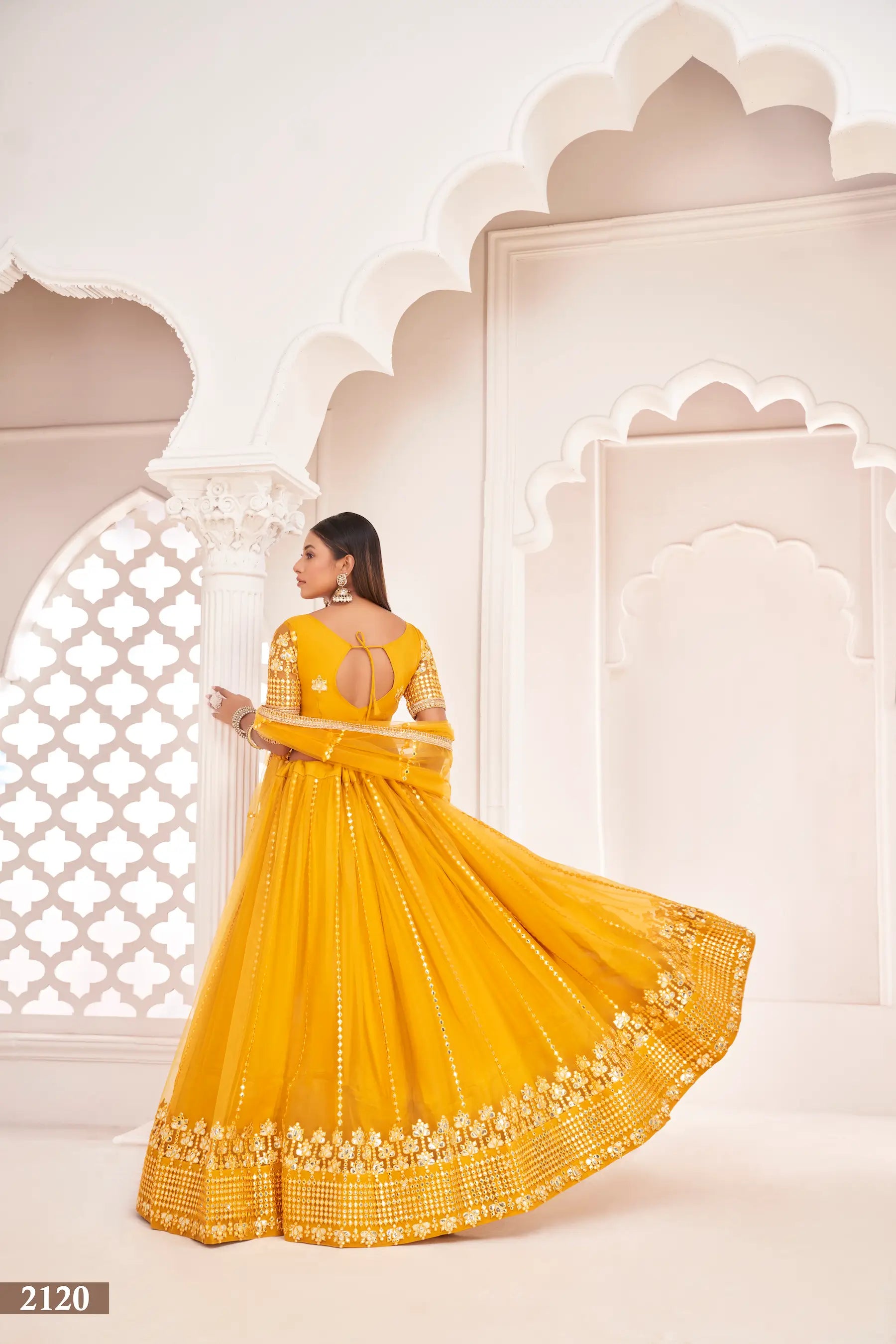 Honey Yellow Net Lehenga Choli With Thread Work & Paper Mirror Work