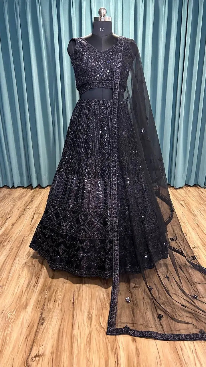 Hot Black Net Lehenga Choli Dori & Sequence Embroidery Work Lehenga Choli
