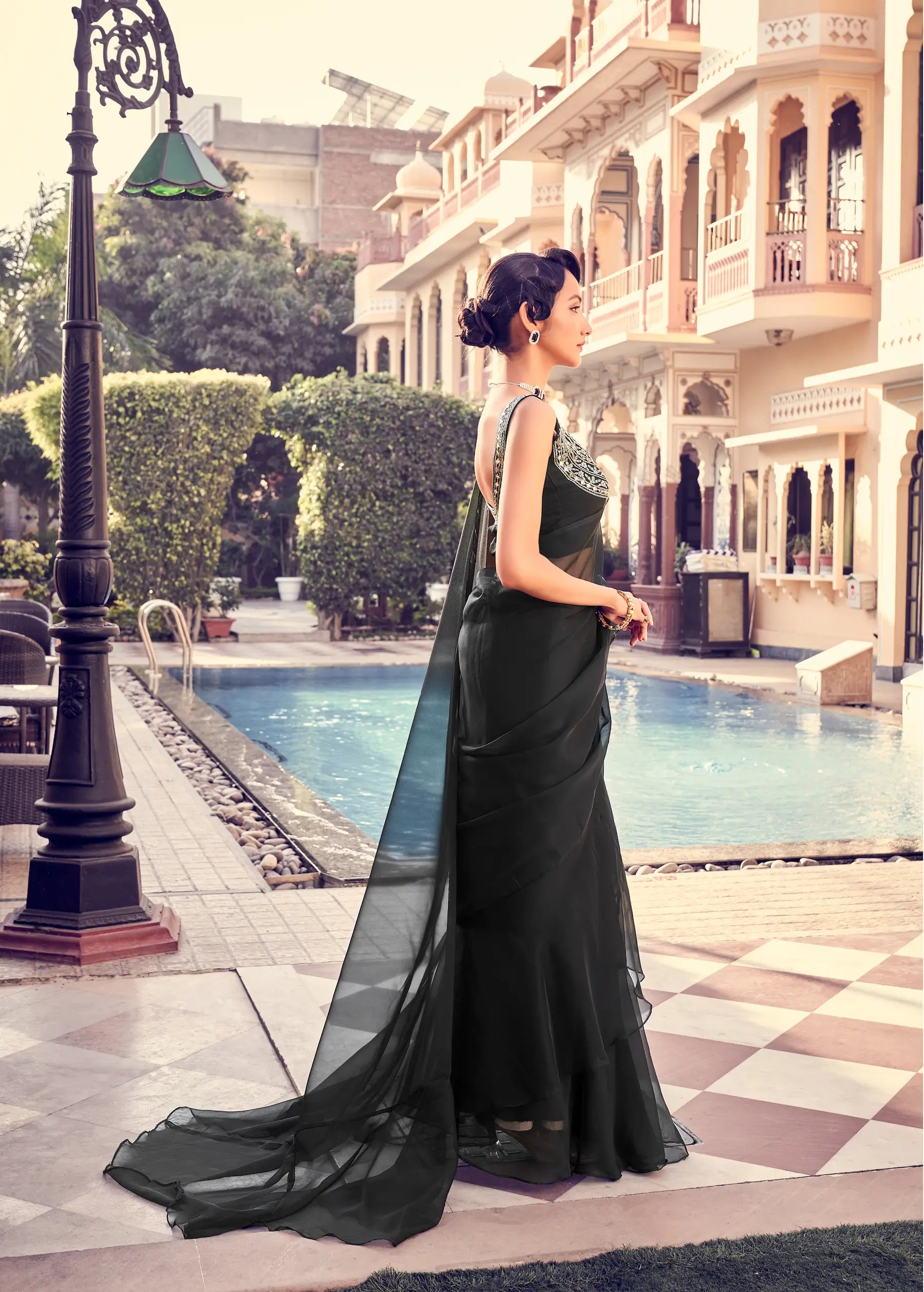 Hot Black Organza Ruffle Saree With Embroidered Blouse