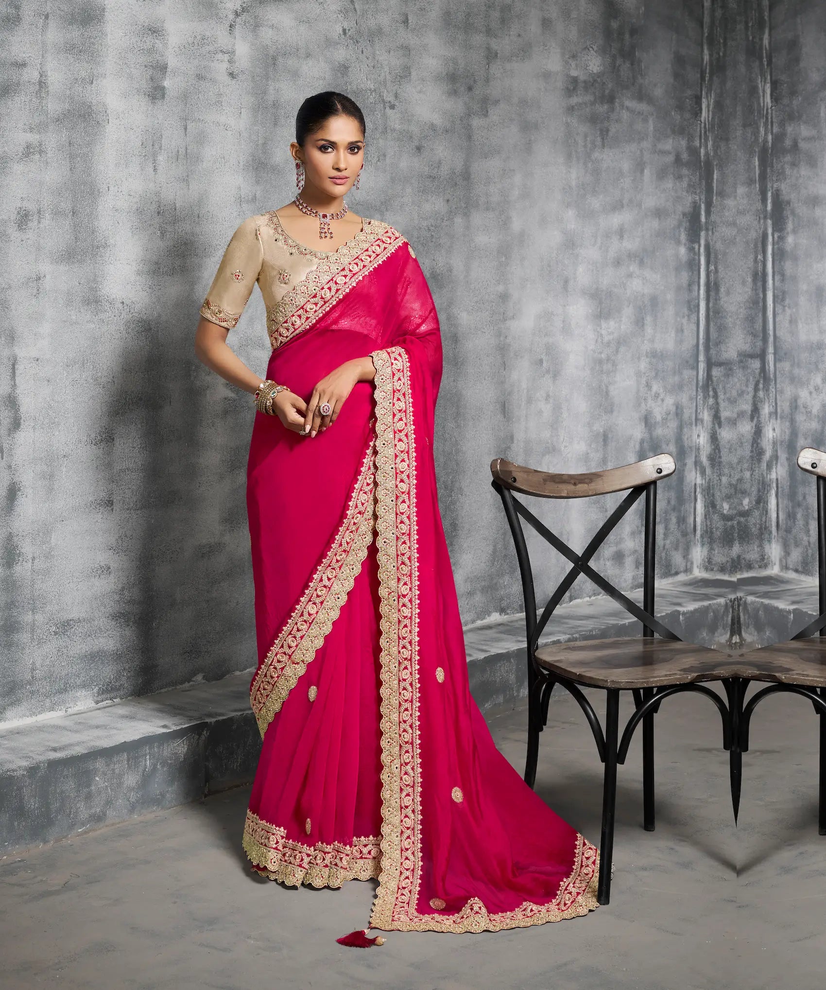 Hot Pink Satin Silk Hand Work & Embroidery Saree