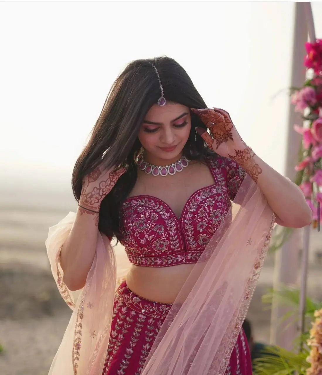 Hot Pink Slub Silk Lehenga Choli With Sequence, Thread & Dori Work