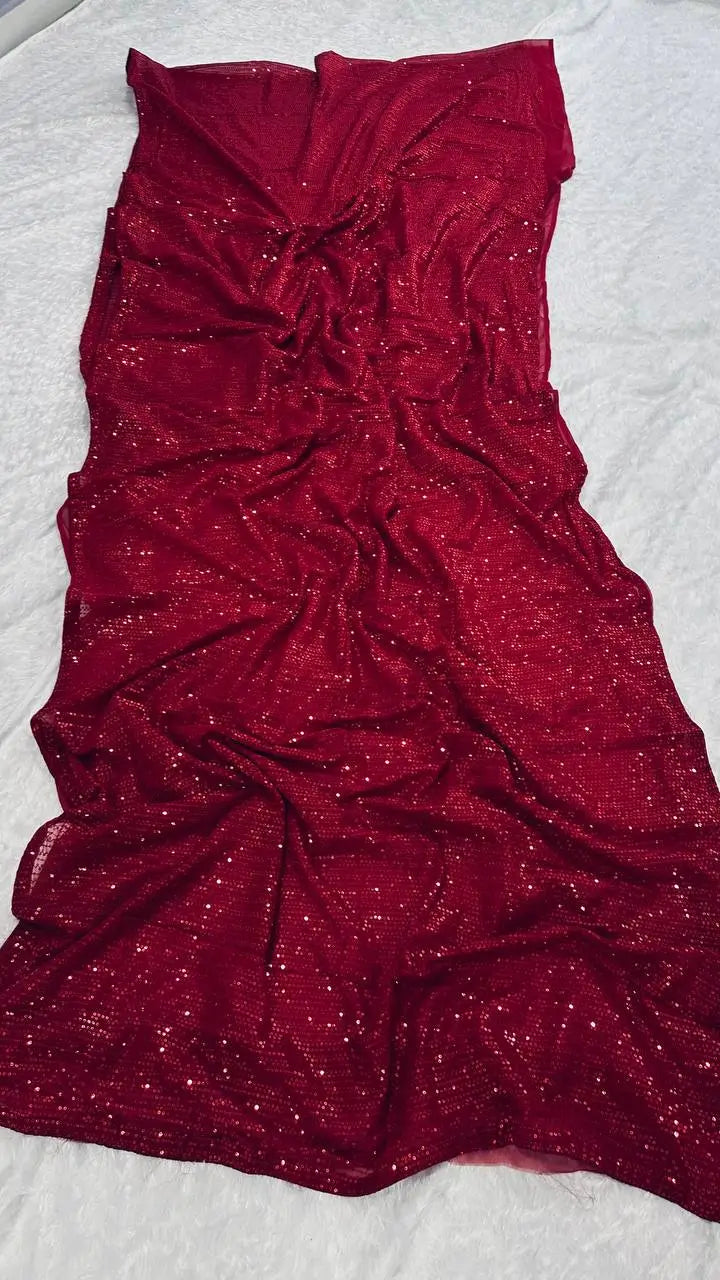 Hot Red Georgette Saree With Sequence Work
