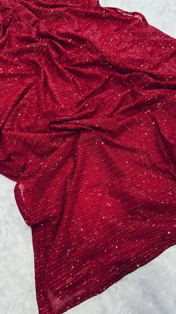 Hot Red Georgette Saree With Sequence Work