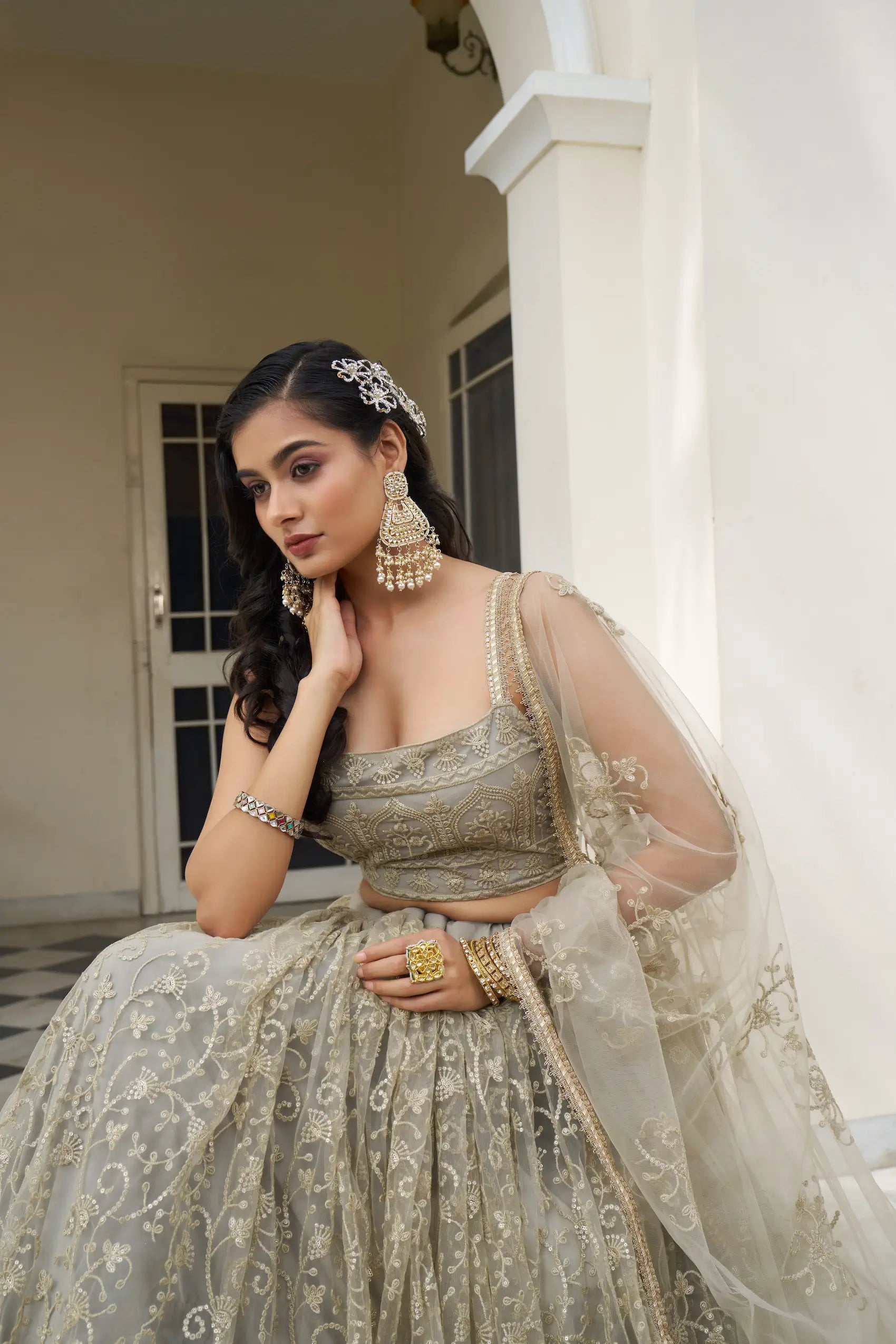 Ivory Net Lehenga Choli With Cotton Thread Work & Sequence Embroidery Work