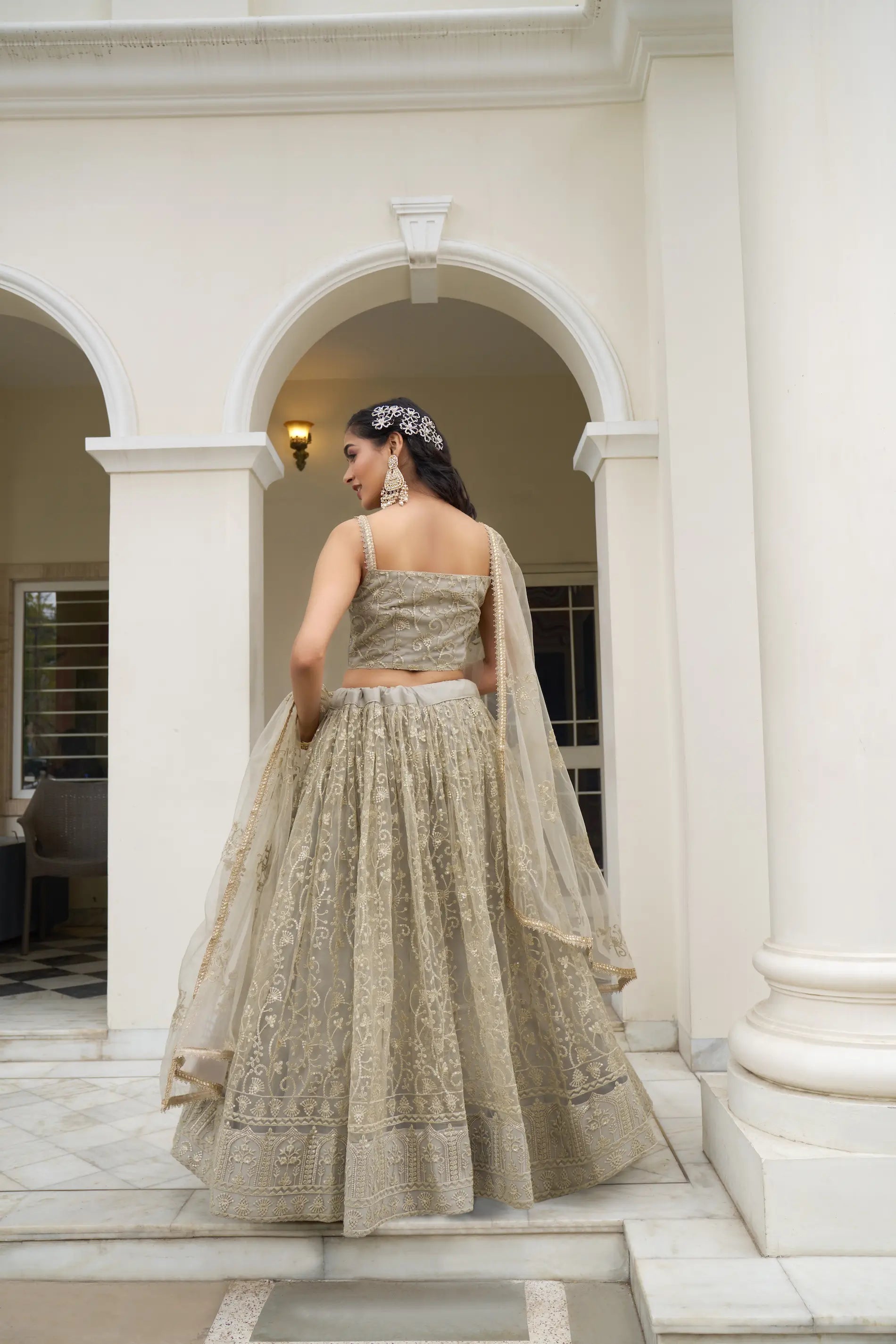 Ivory Net Lehenga Choli With Cotton Thread Work & Sequence Embroidery Work