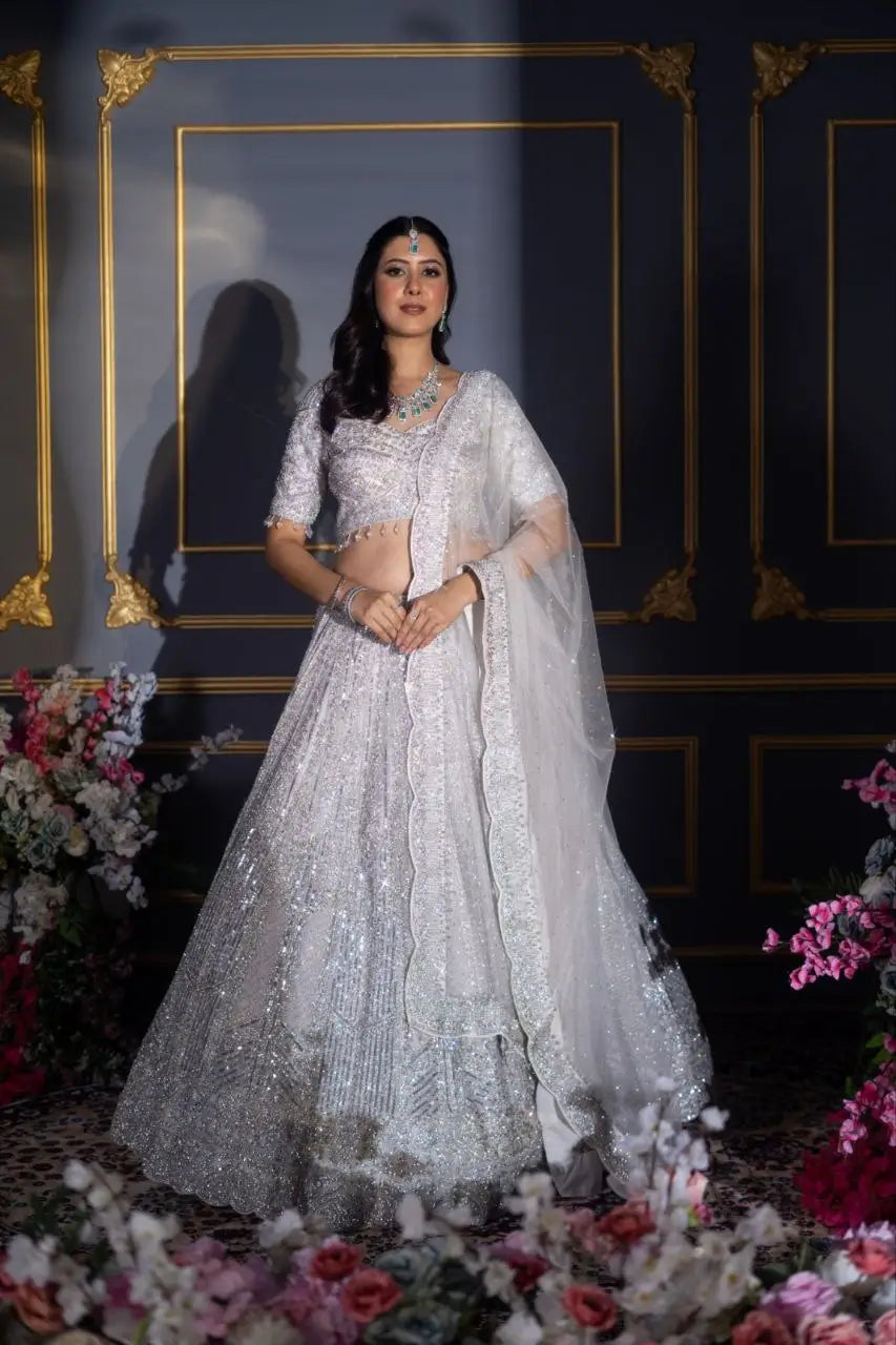 Ivory Thread Heavy Sequins Embroidery Work Chinon Silk Lehenga Choli
