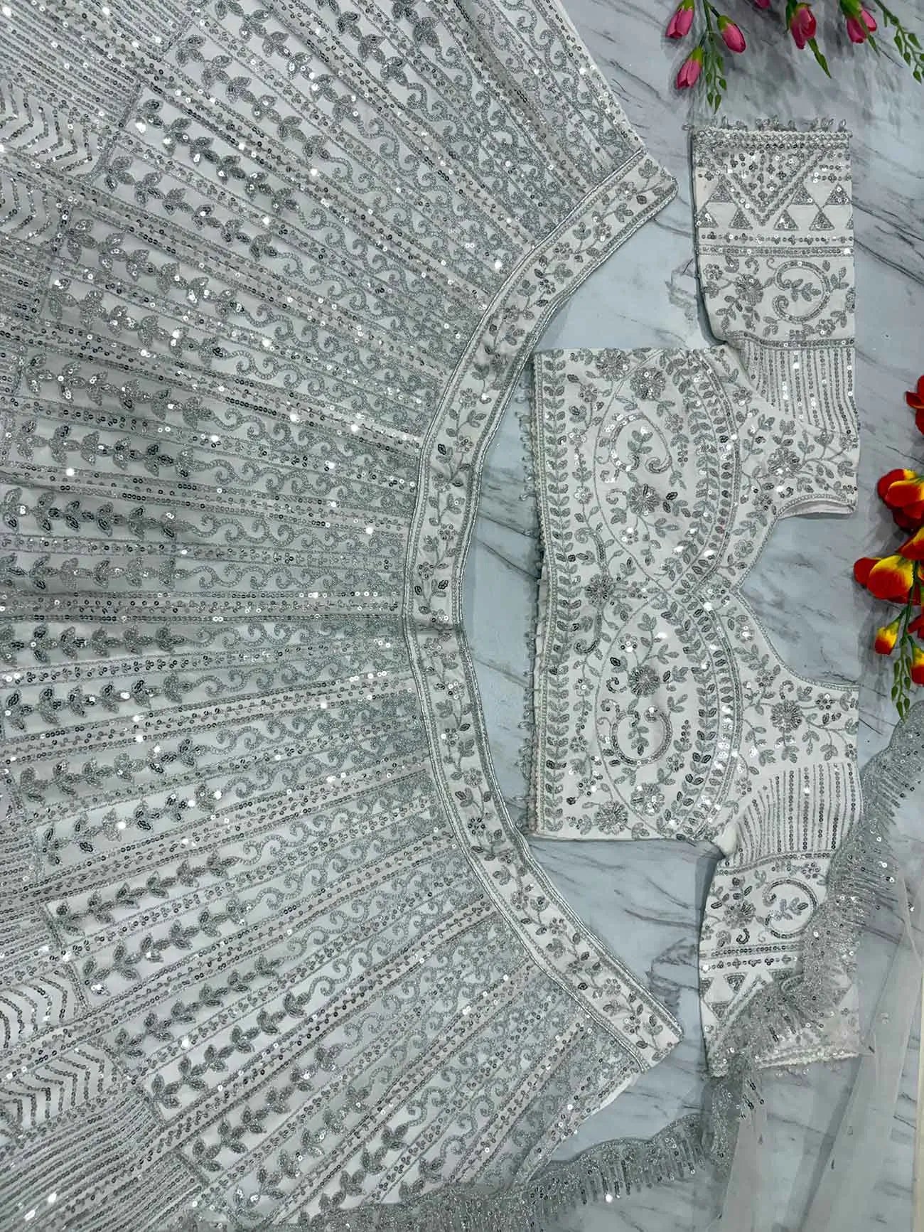 Ivory Thread Heavy Sequins Embroidery Work Chinon Silk Lehenga Choli