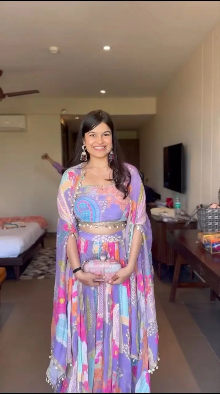 Lavender Chinon Silk Lehenga With Floral Print With Koti Style Dupatta With Lace