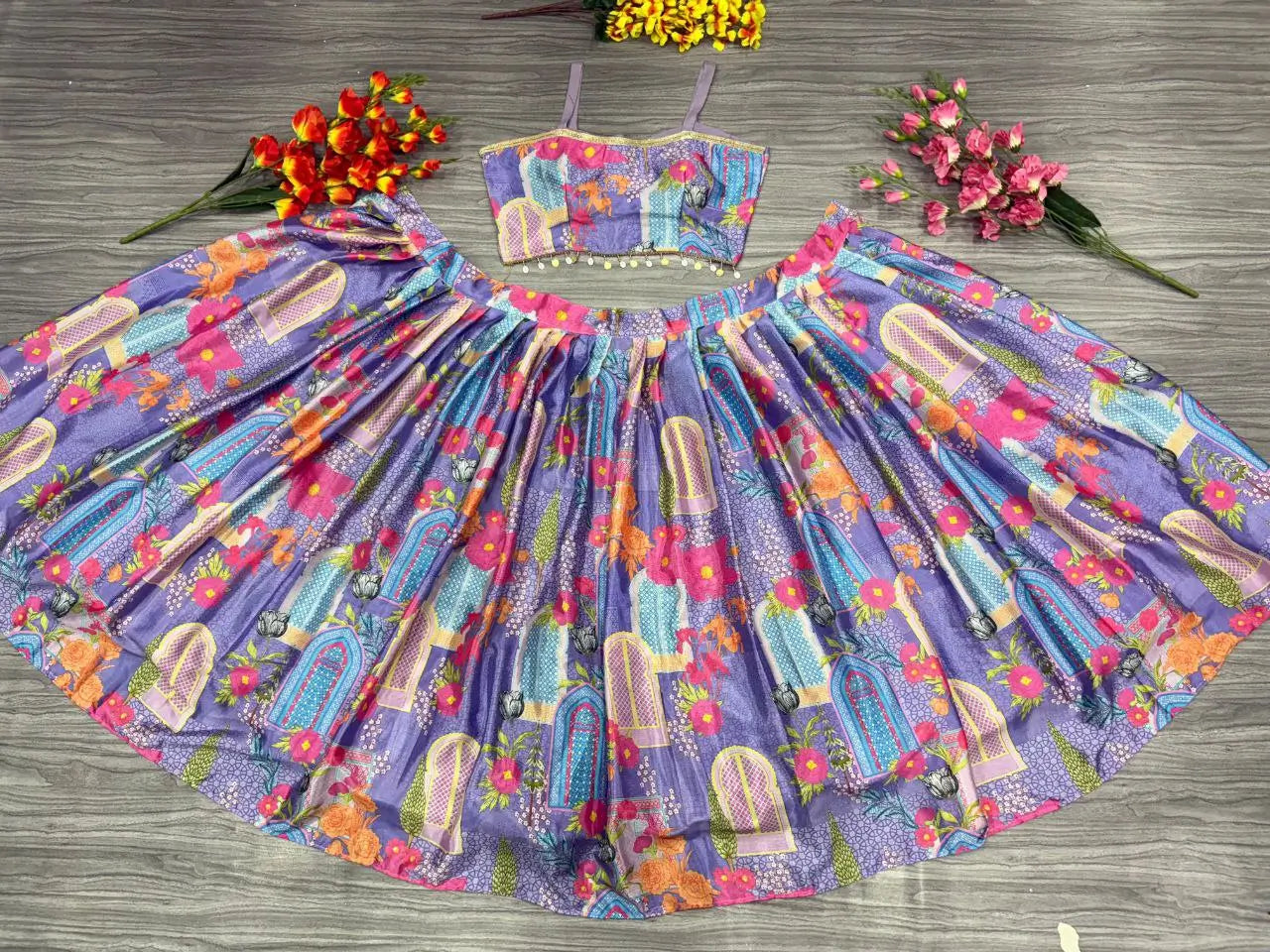 Lavender Chinon Silk Lehenga With Floral Print With Koti Style Dupatta With Lace