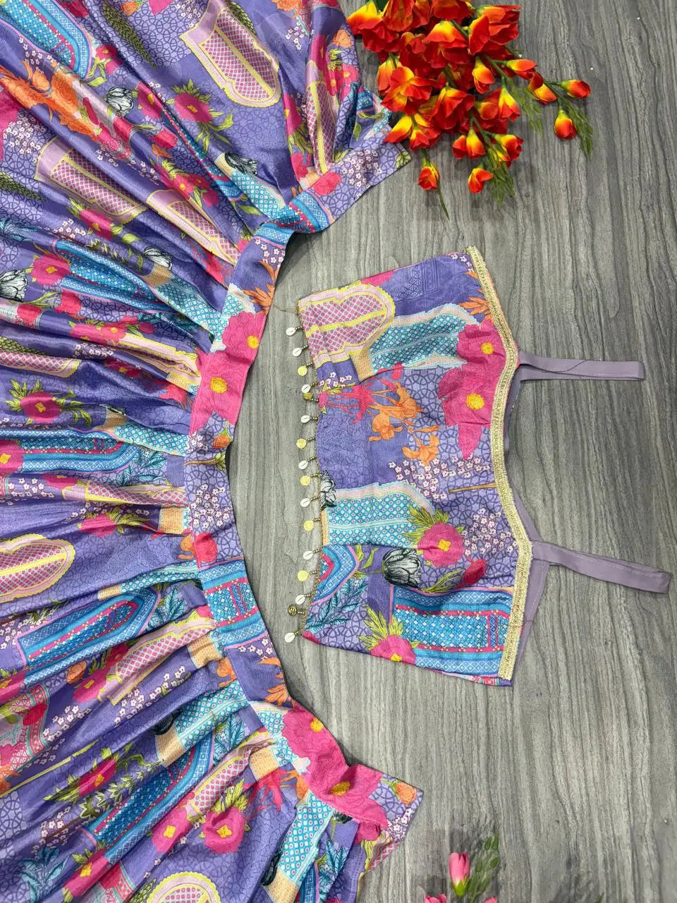 Lavender Chinon Silk Lehenga With Floral Print With Koti Style Dupatta With Lace