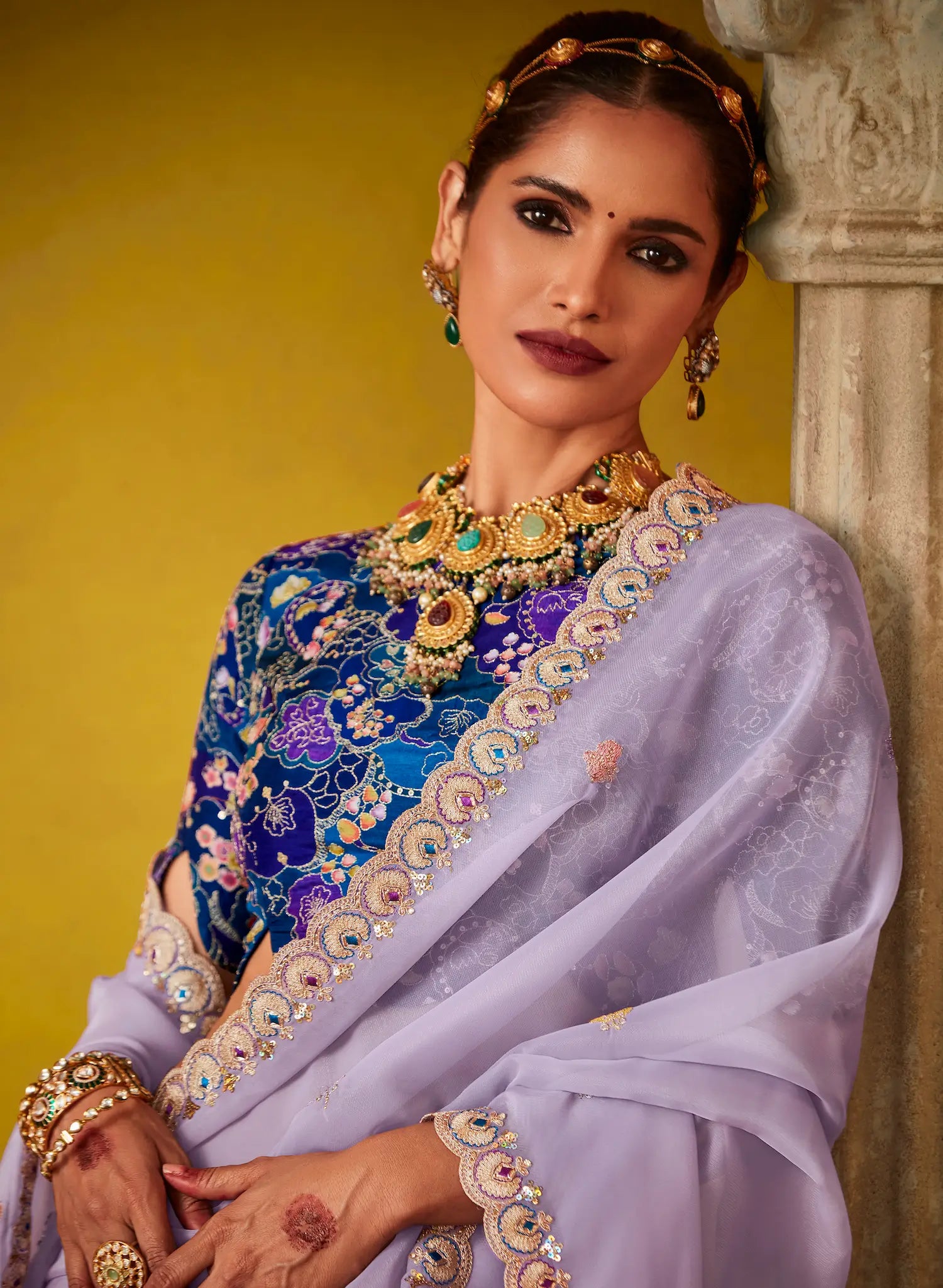 Lavender Glass Tissue Saree With Digital Print, Sequence & Thread Embroidery Work