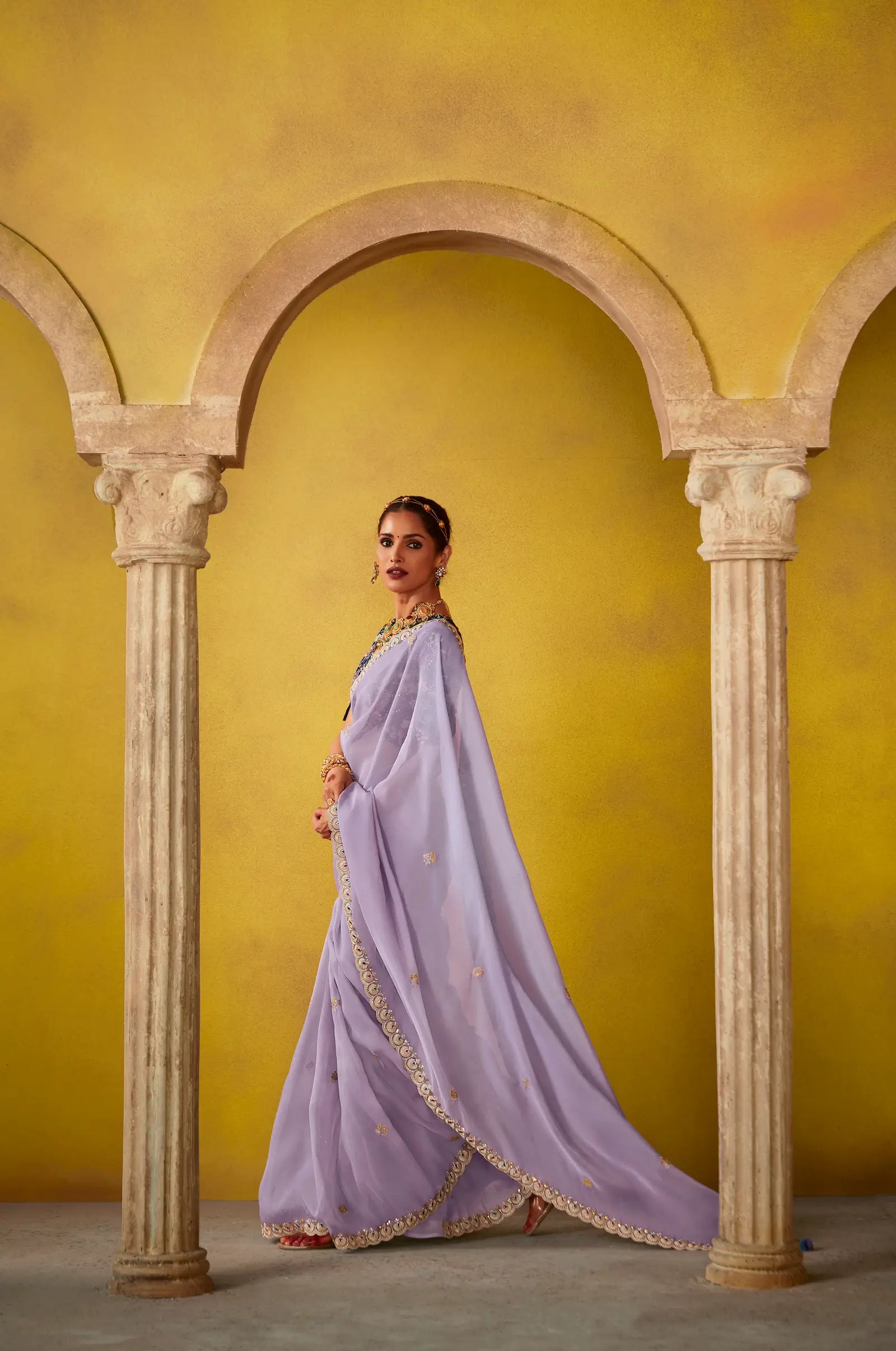 Lavender Glass Tissue Saree With Digital Print, Sequence & Thread Embroidery Work