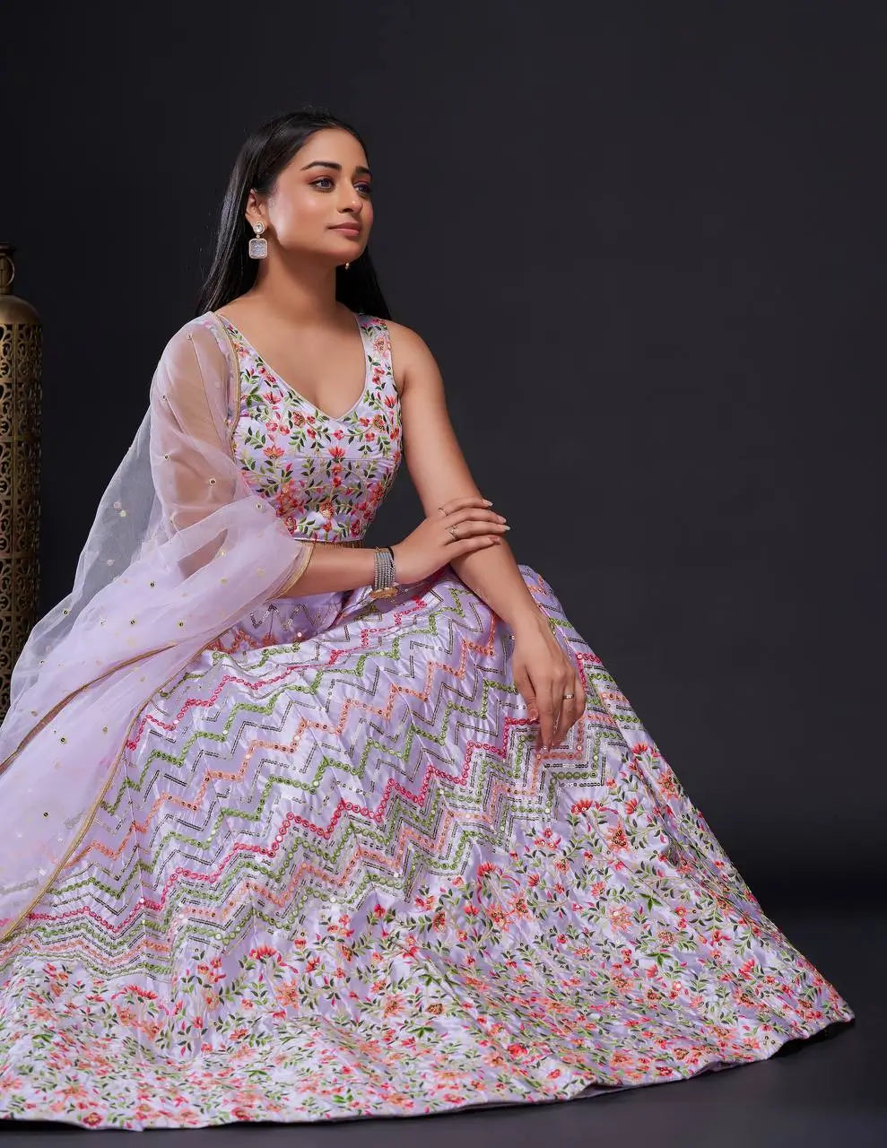 Lavender Satin Silk Thread & Sequence Embroidery Work Lehenga Choli