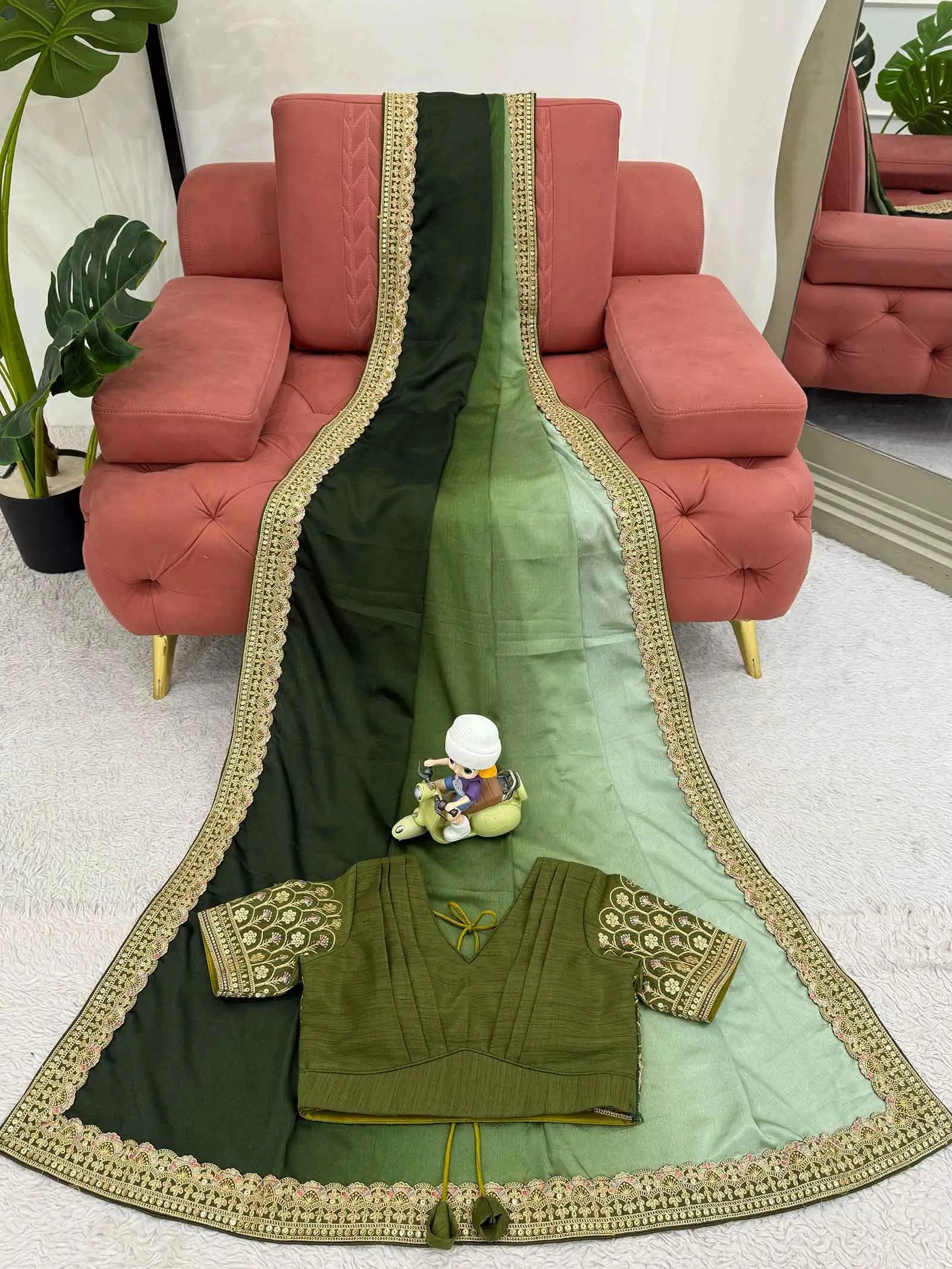 Light And Dark Green Sequins Embroidery Work Saree