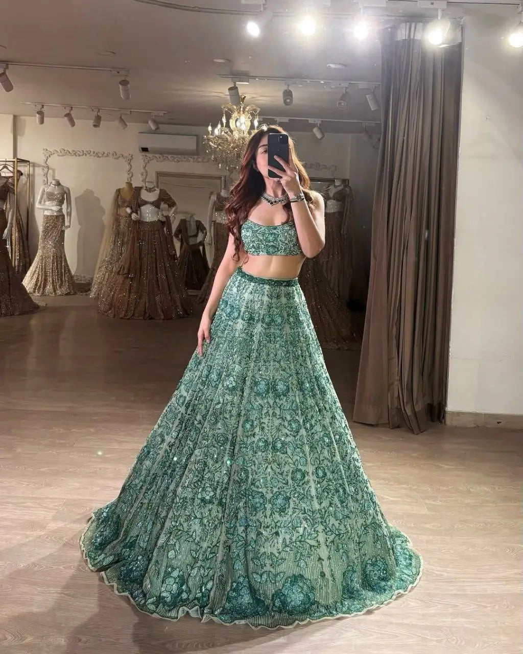Light Green Georgette Lehenga With Thread Dori Heavy Sequins Embroidery Work