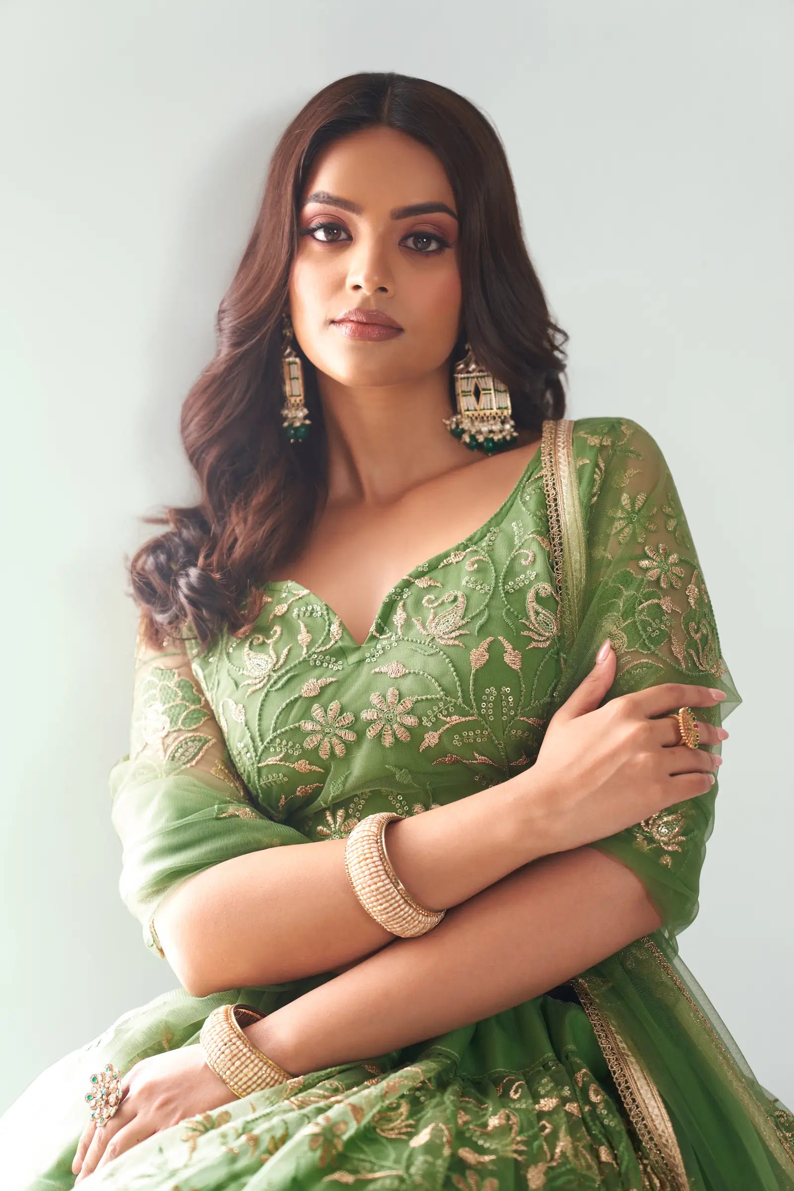 Light Green Net Lehenga Choli With Cotton Thread Work & Sequence Embroidery Work