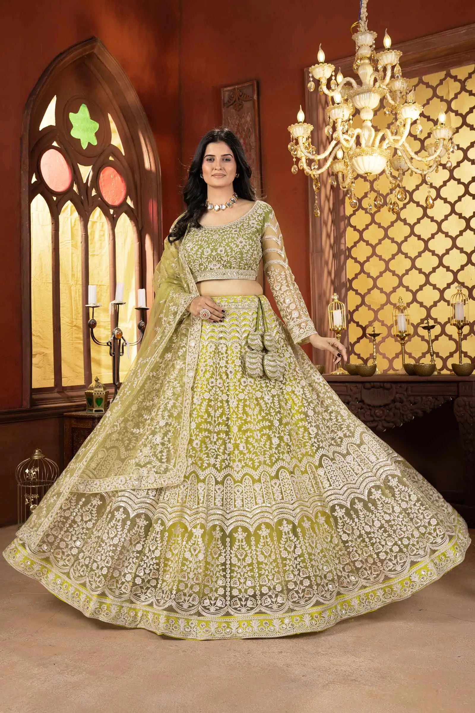 Light Olive Green Shining Thread Embroidery Design Net Lehenga Choli
