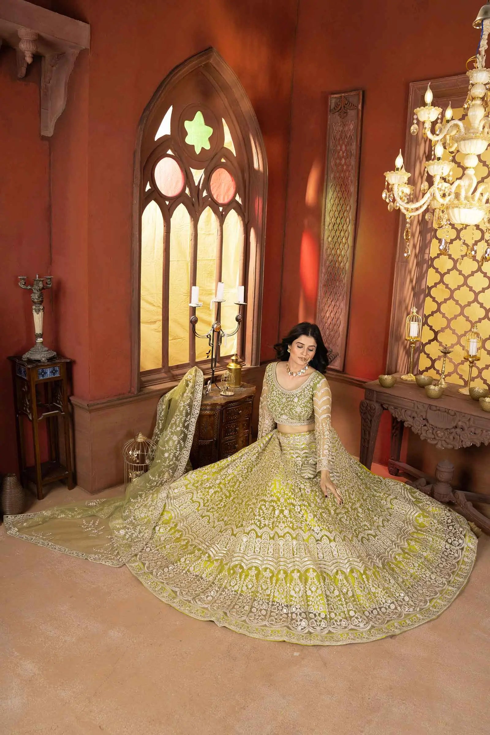 Light Olive Green Shining Thread Embroidery Design Net Lehenga Choli