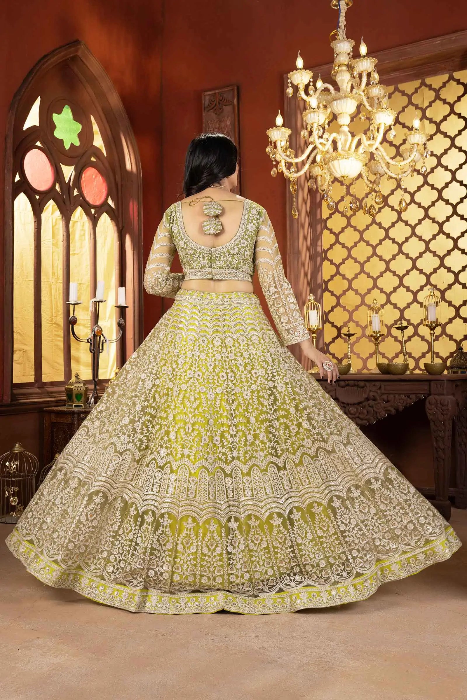 Light Olive Green Shining Thread Embroidery Design Net Lehenga Choli