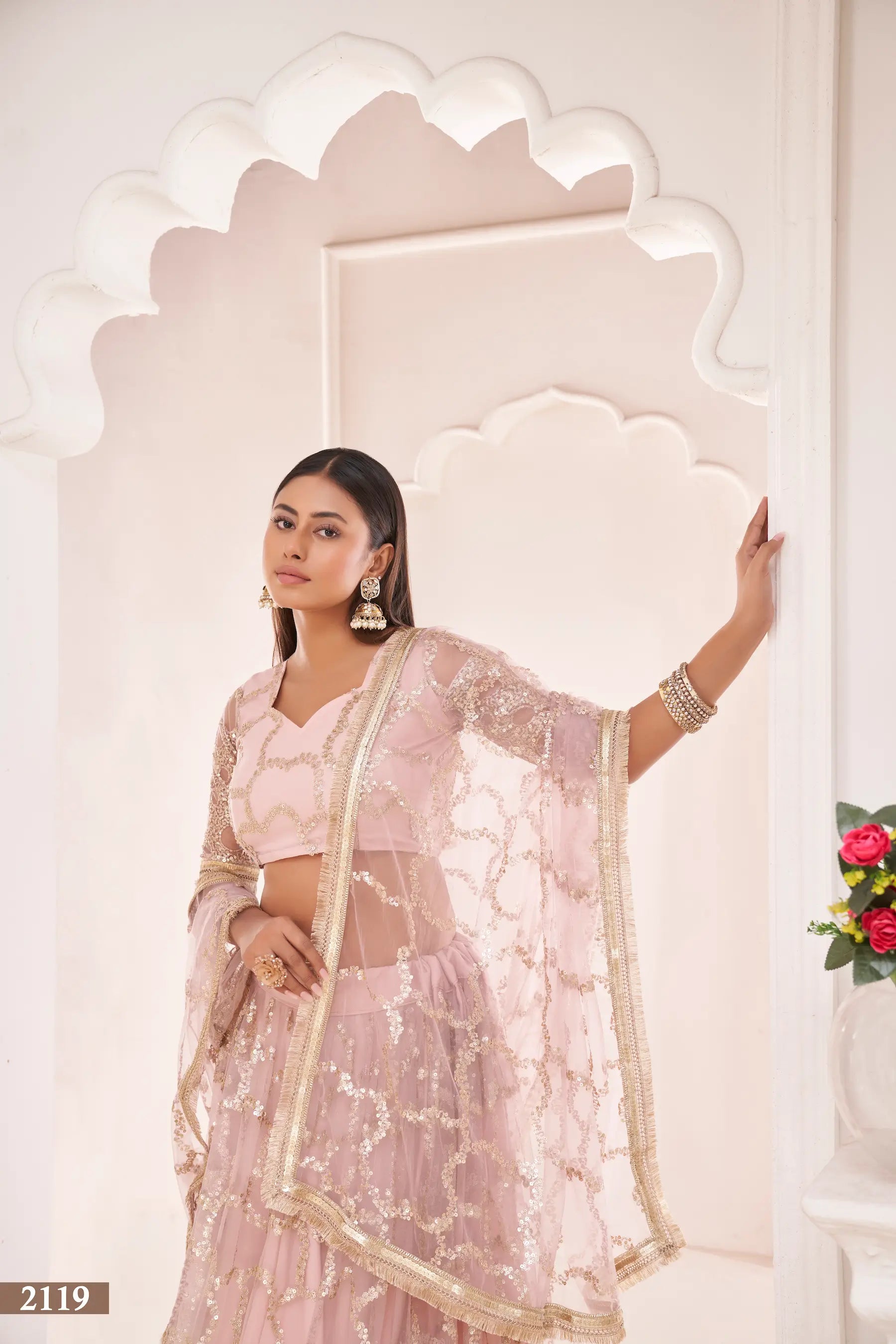 Light Onion Net Lehenga Choli With Zari Work & Sequence Embroidery Work